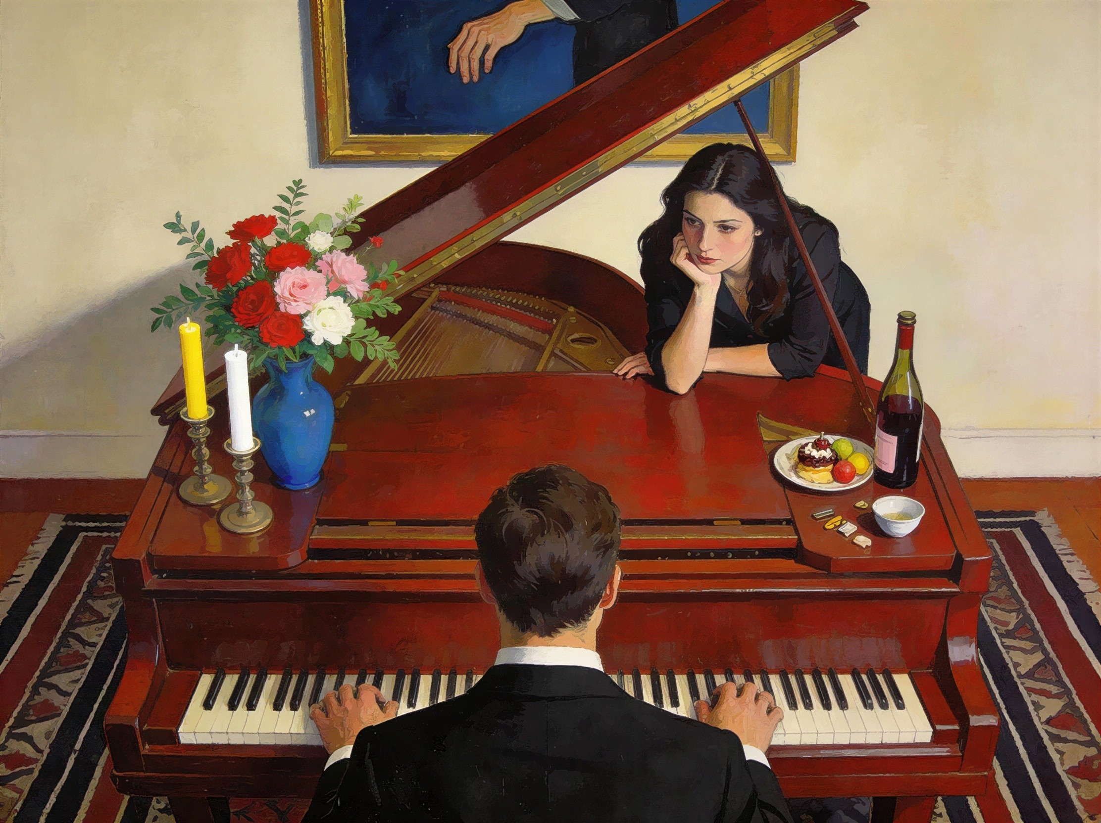 Overhead View of Room with Red Grand Piano and Figures