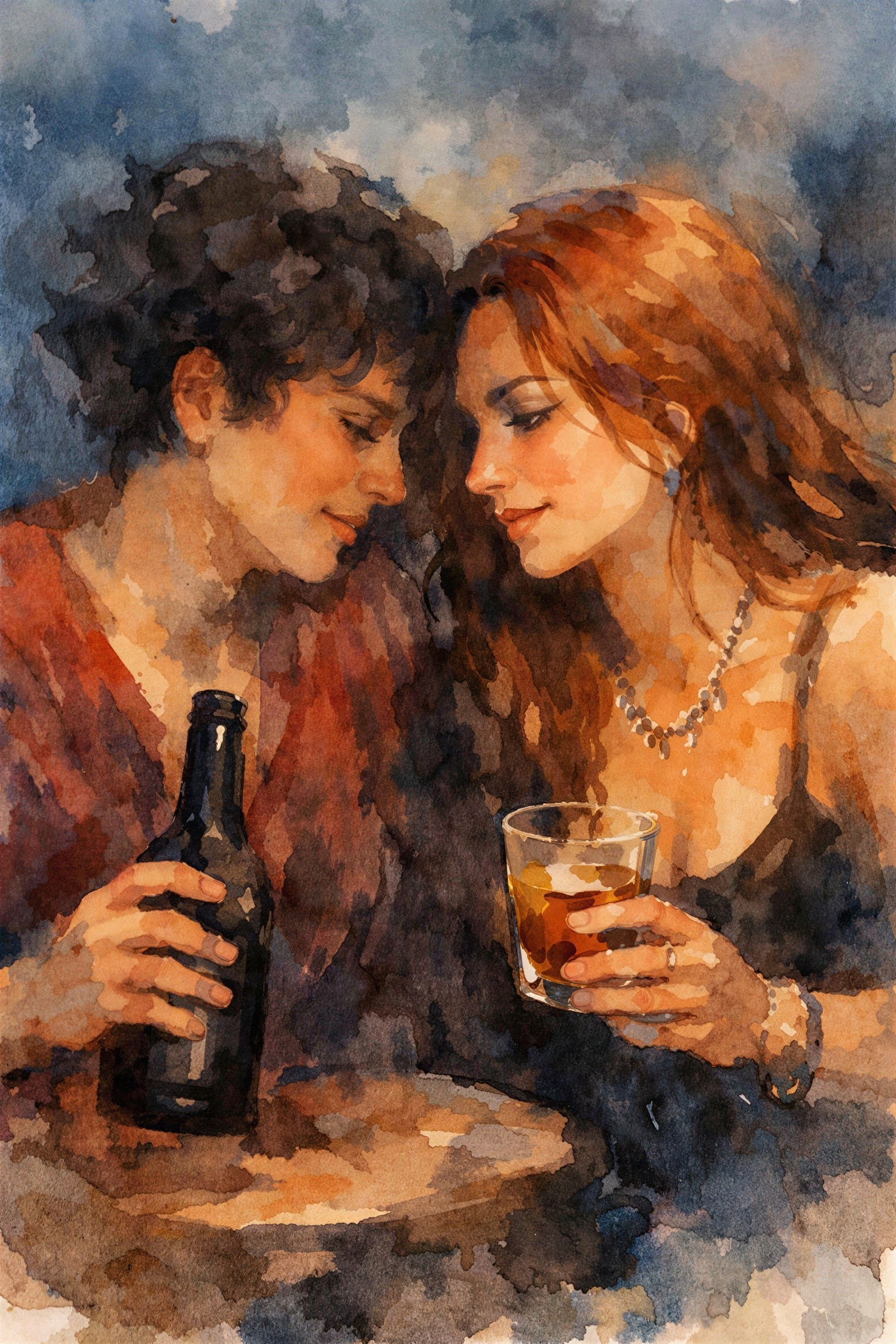 Romantic Watercolor of Two Lovers at a Bar