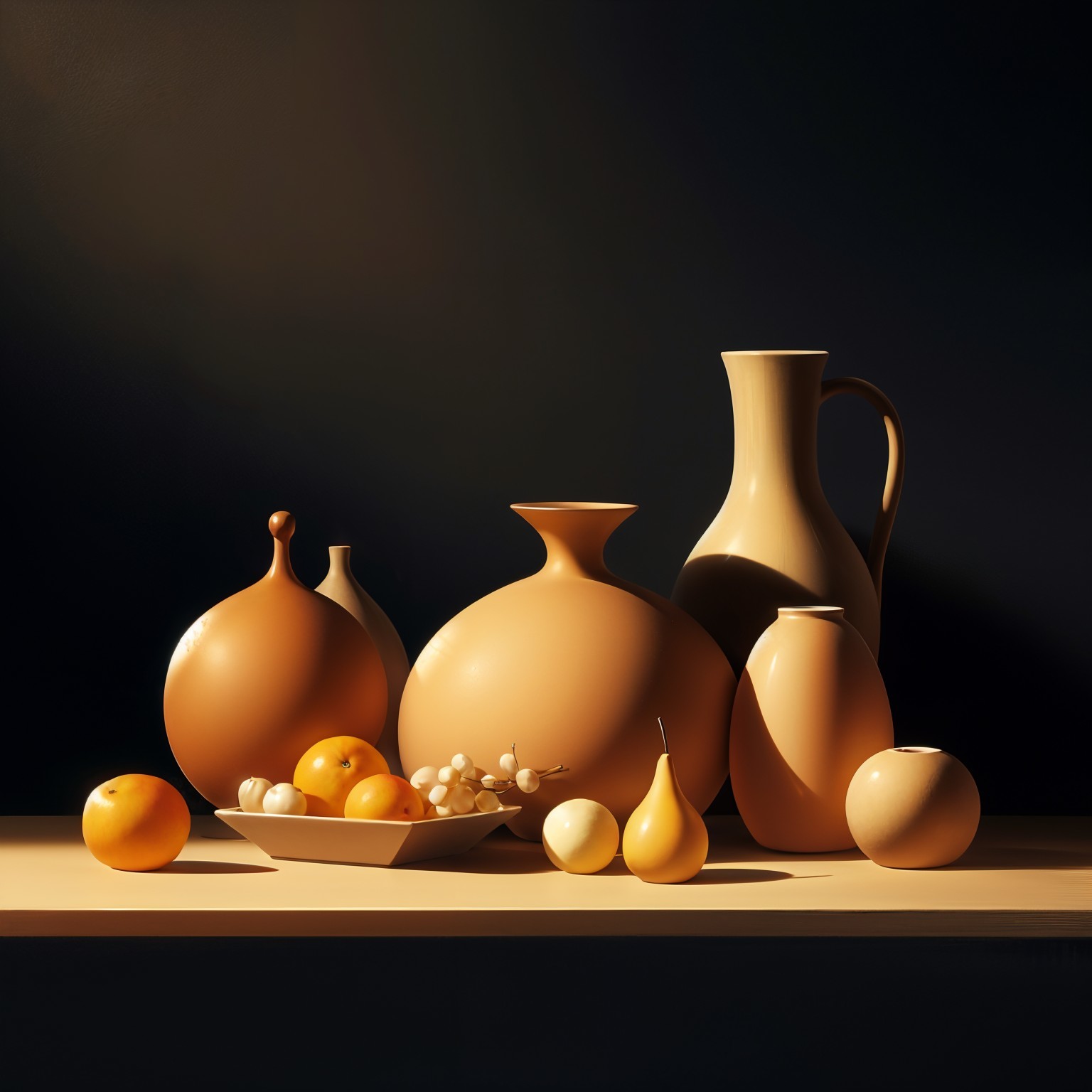 Earthy Ceramic Vases and Fruits in Still Life Scene