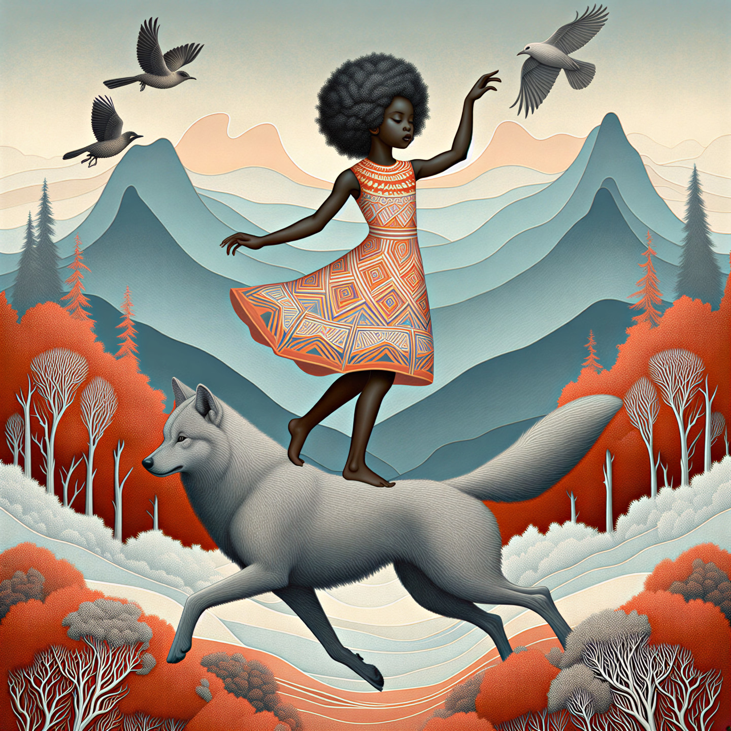 Young girl on white fox with mountains and forests