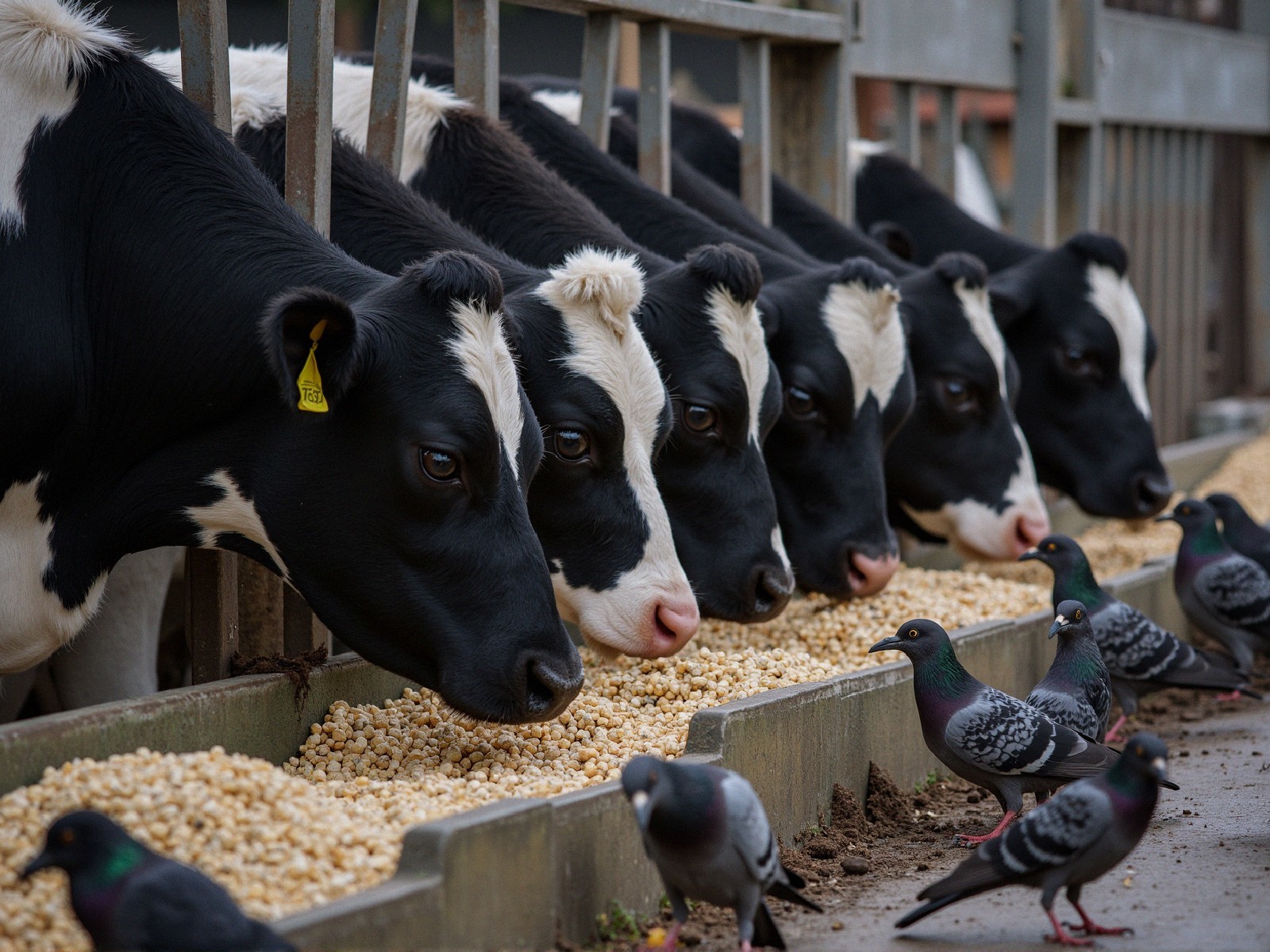 Holstein cows feeding at a trough with pigeons nearby