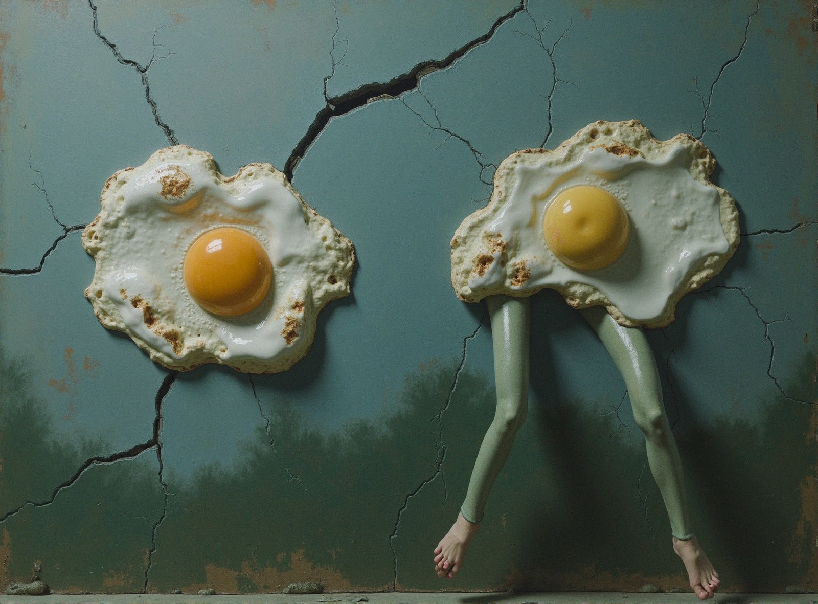 Surreal Fried Eggs on Cracked Wall with Green Legs