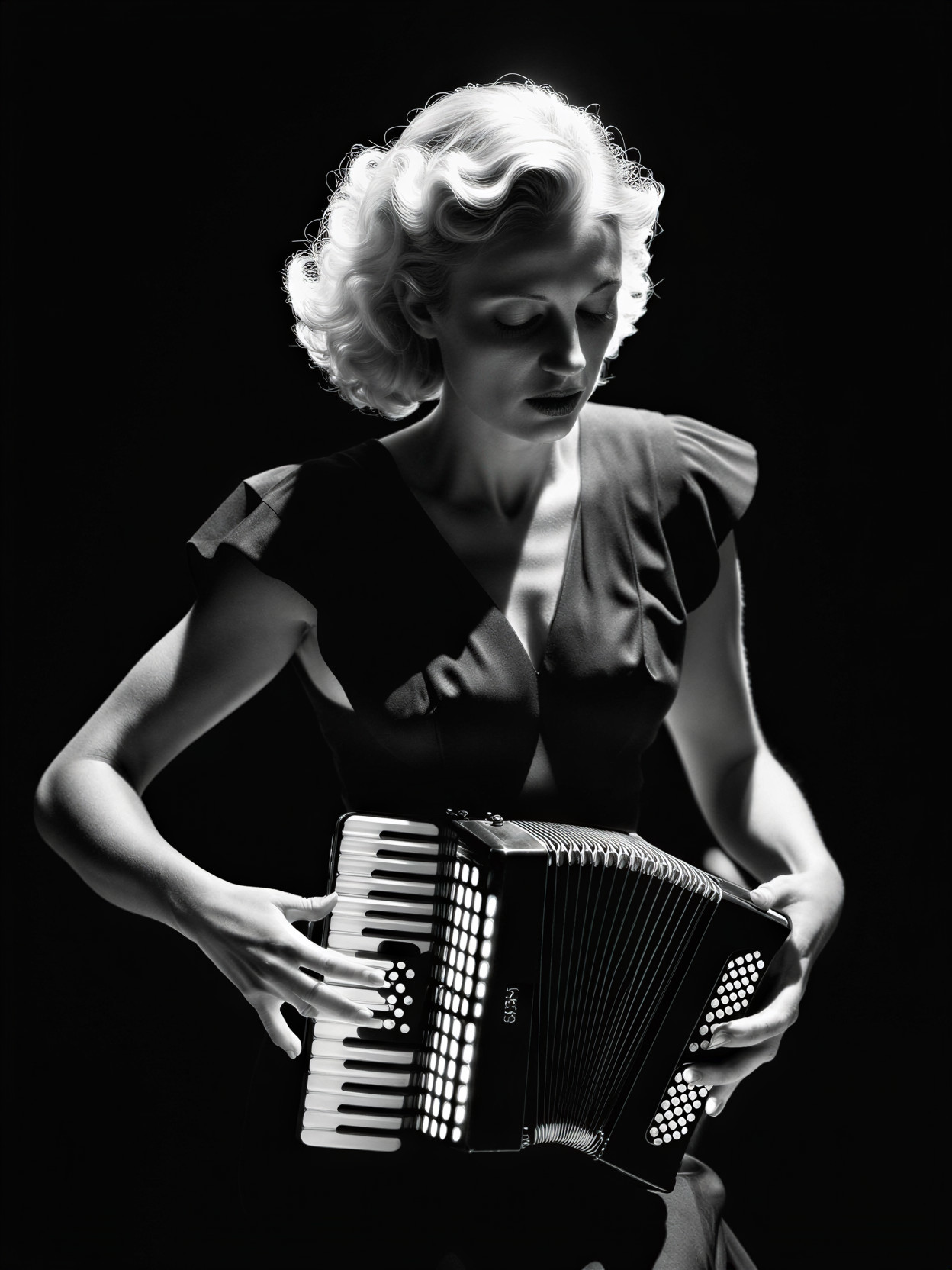 Glamorous Woman in Dark Dress Playing Accordion