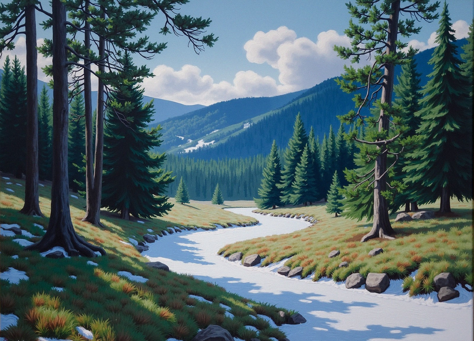 Serene Landscape with River and Evergreen Trees
