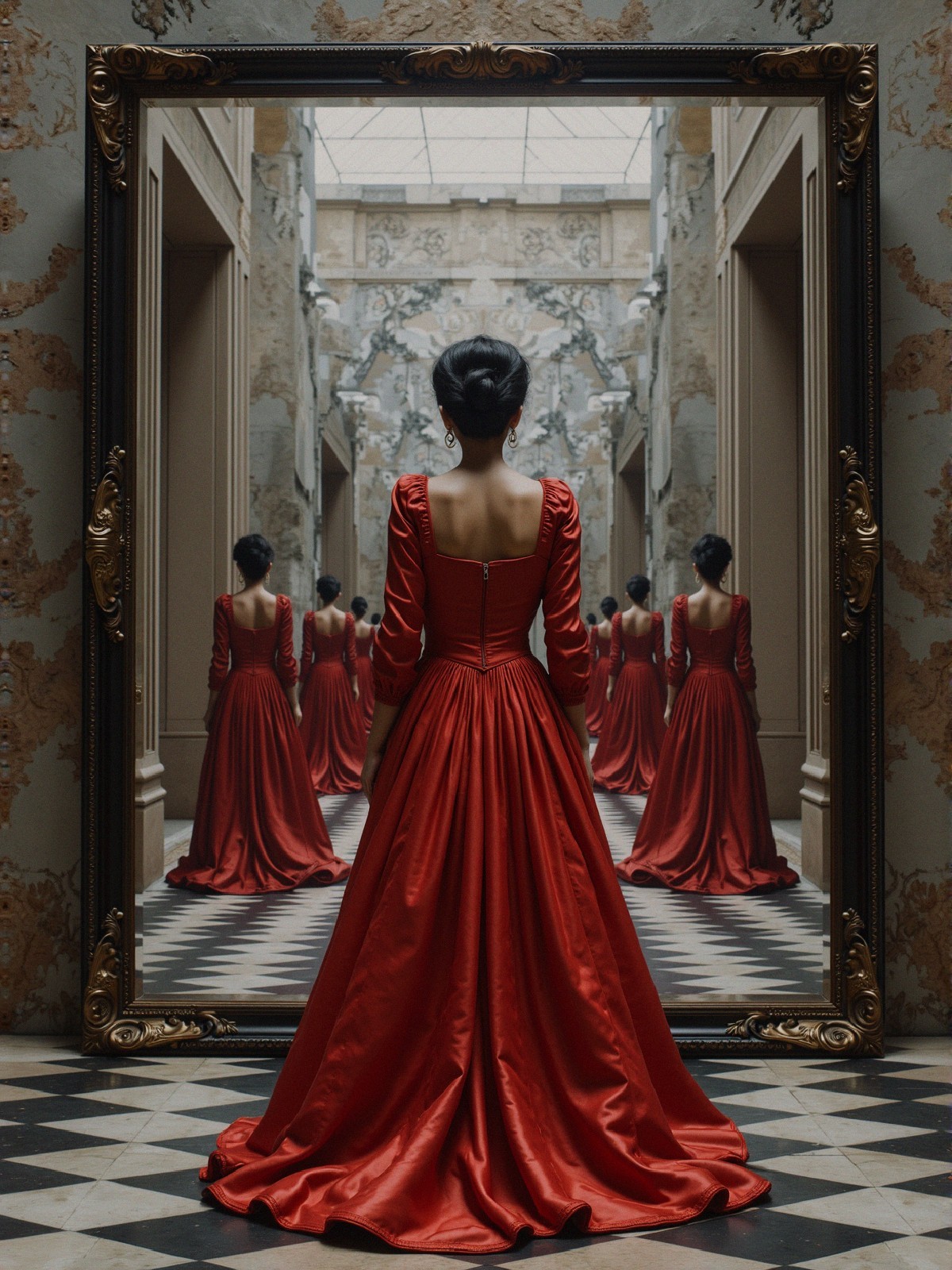 Elegant Figure in Red Gown Among Mirror Reflections