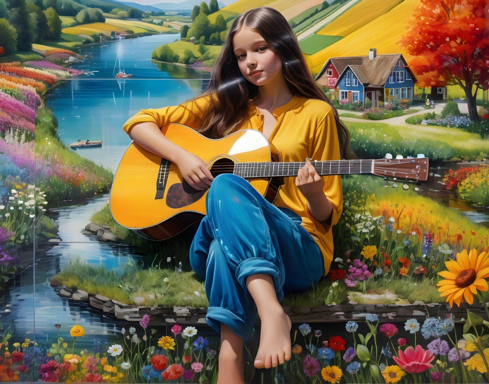 Serene Landscape with Girl Playing Guitar by River