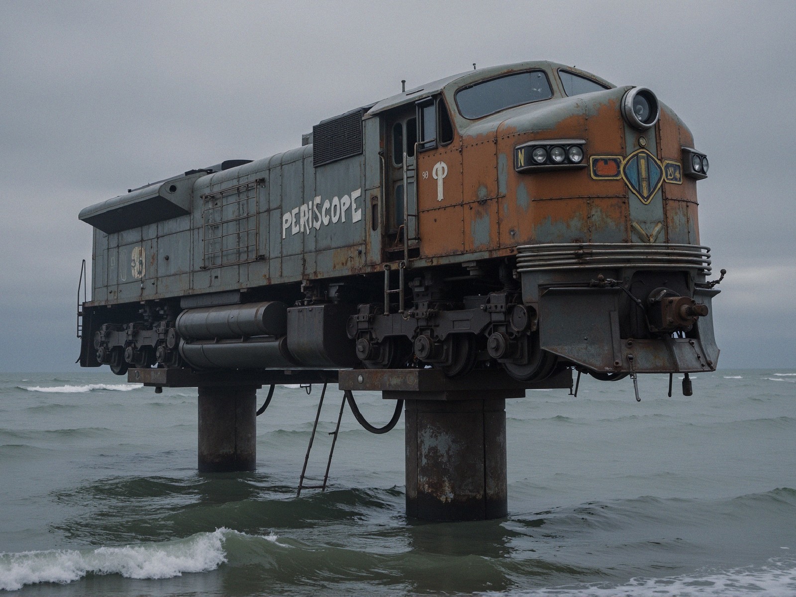 Abandoned Train Engine on Pier in Ocean Waters