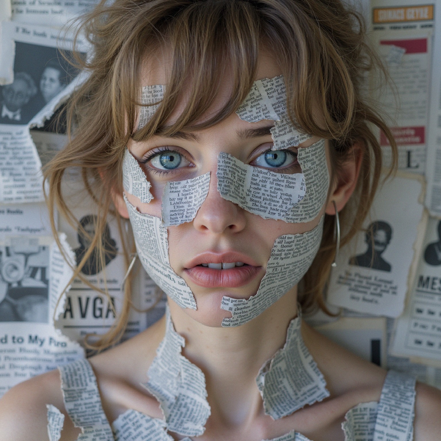 Young woman with newspaper clippings covering face