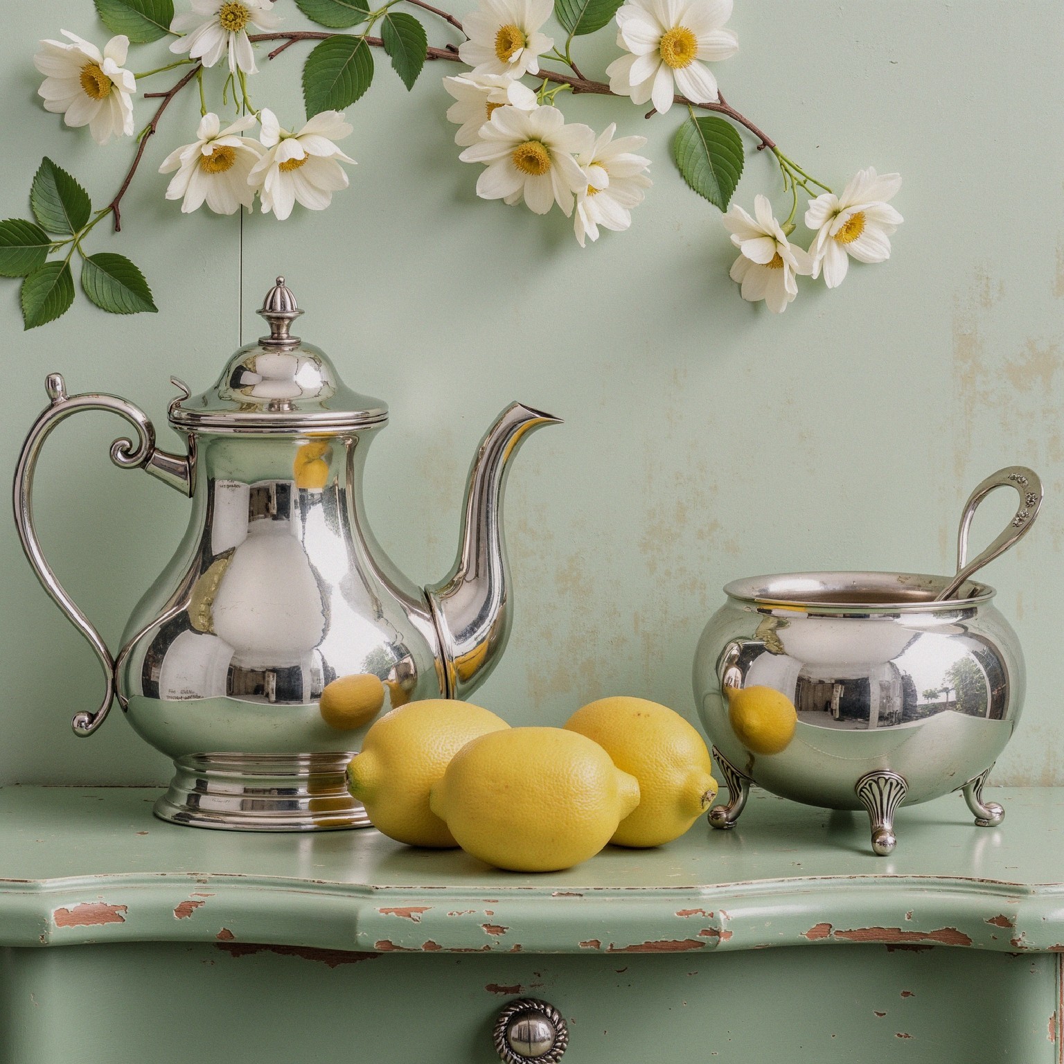 Vintage Silver Teapot and Sugar Bowl on Green Table