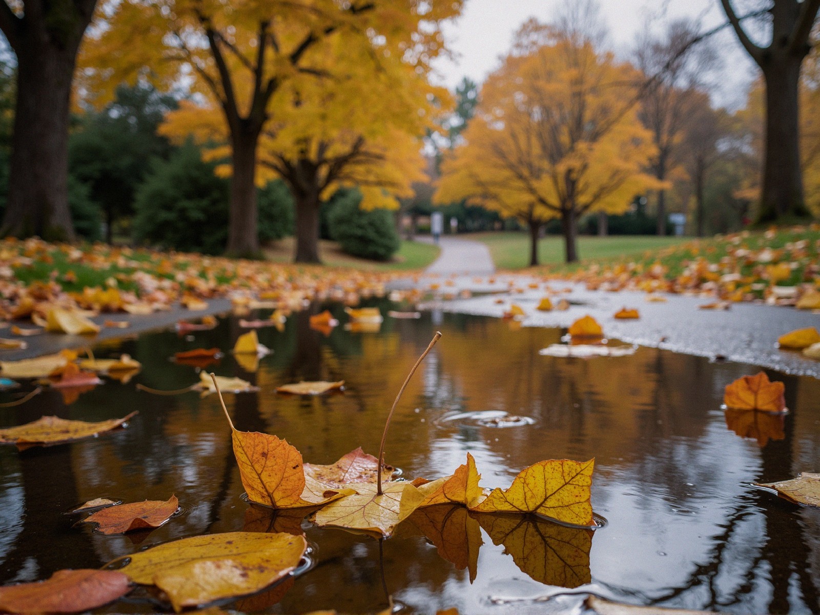 Autumn Pathway with Golden Leaves and Reflective Puddle