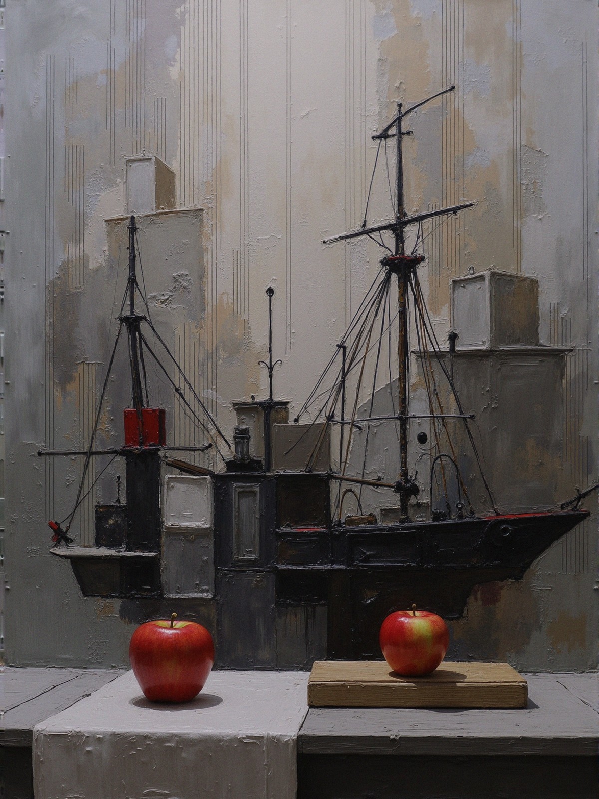 Artistic Ship with Cityscape and Red Apples