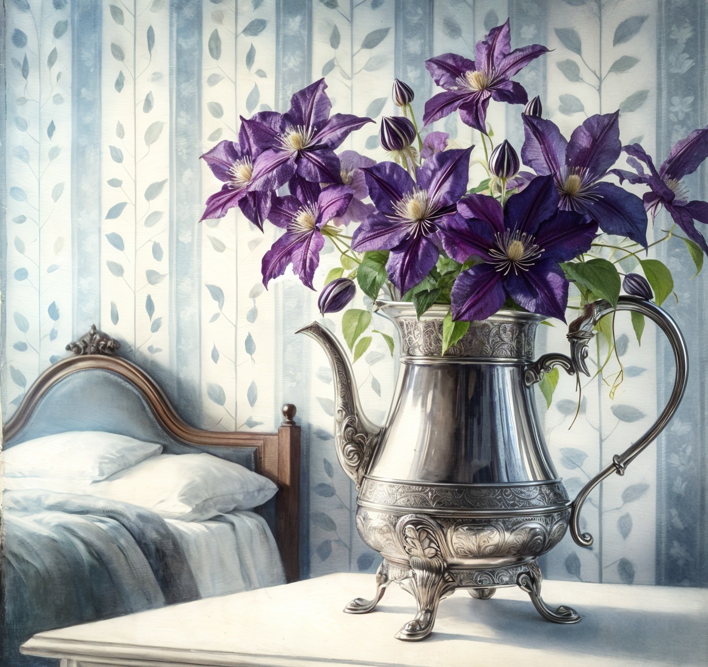 Vintage Silver Teapot with Purple Clematis Flowers