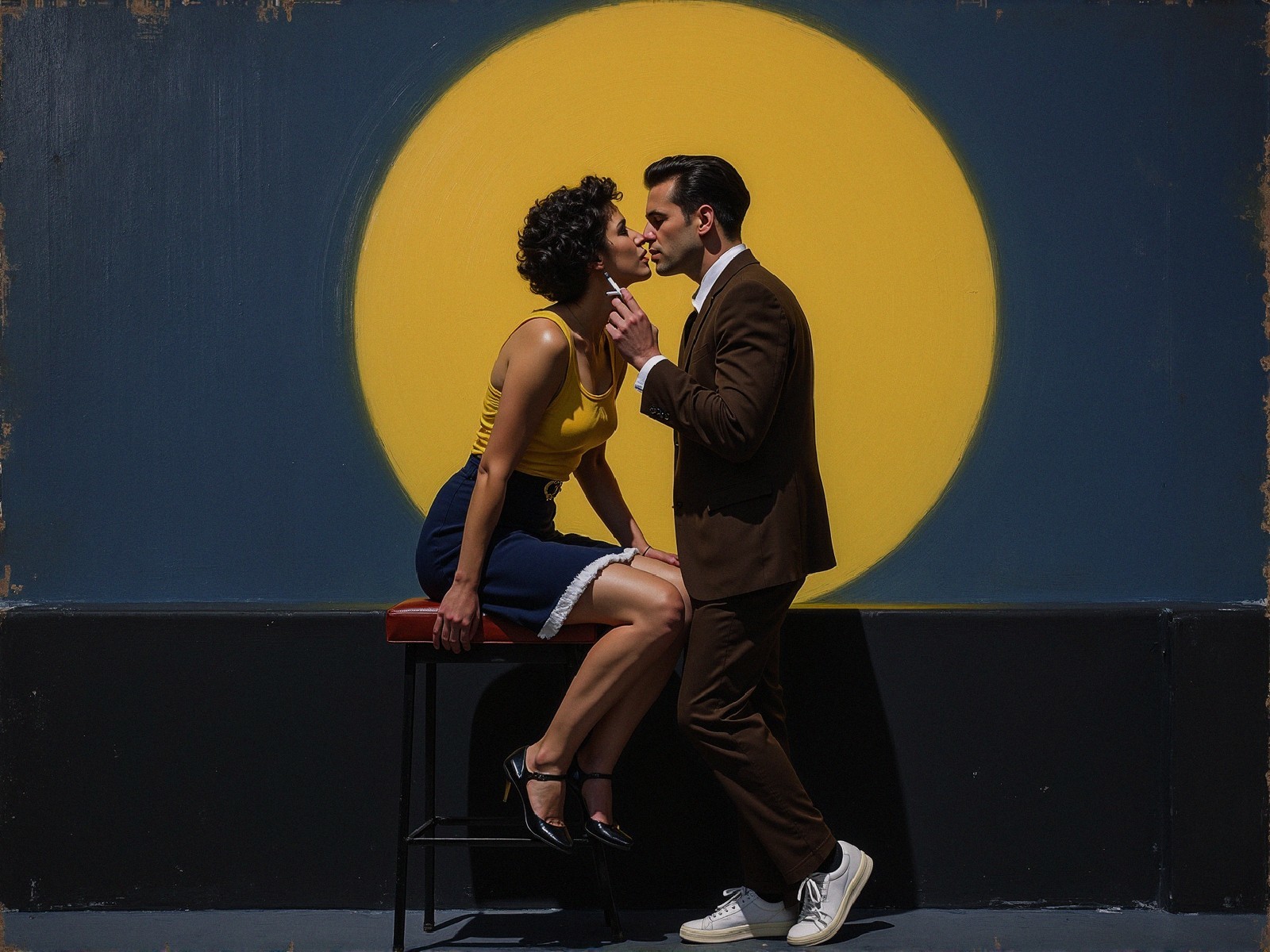 Couple in Romantic Moment with Yellow Circle Backdrop