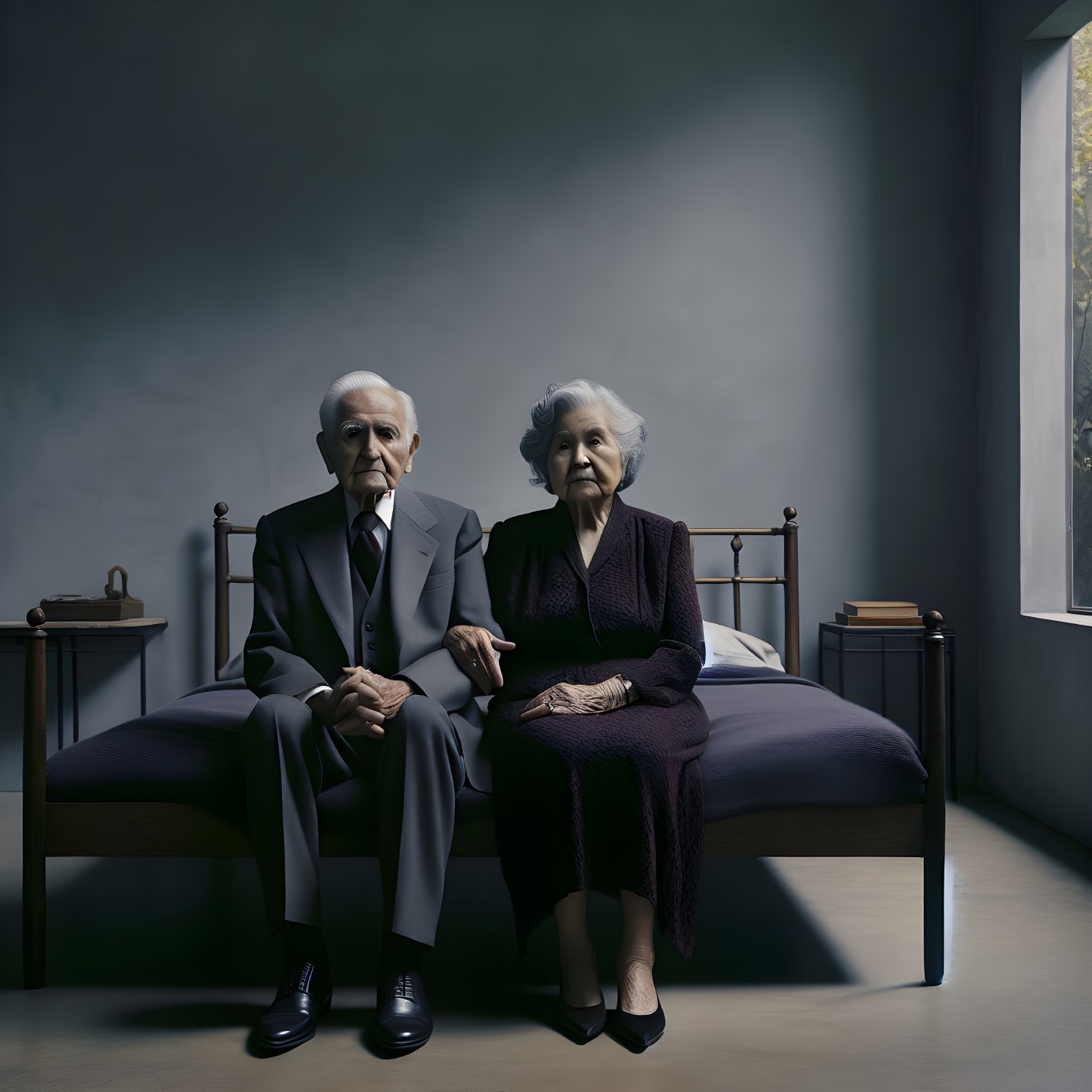 Elderly Couple in Intimate Reflection on Wooden Bed