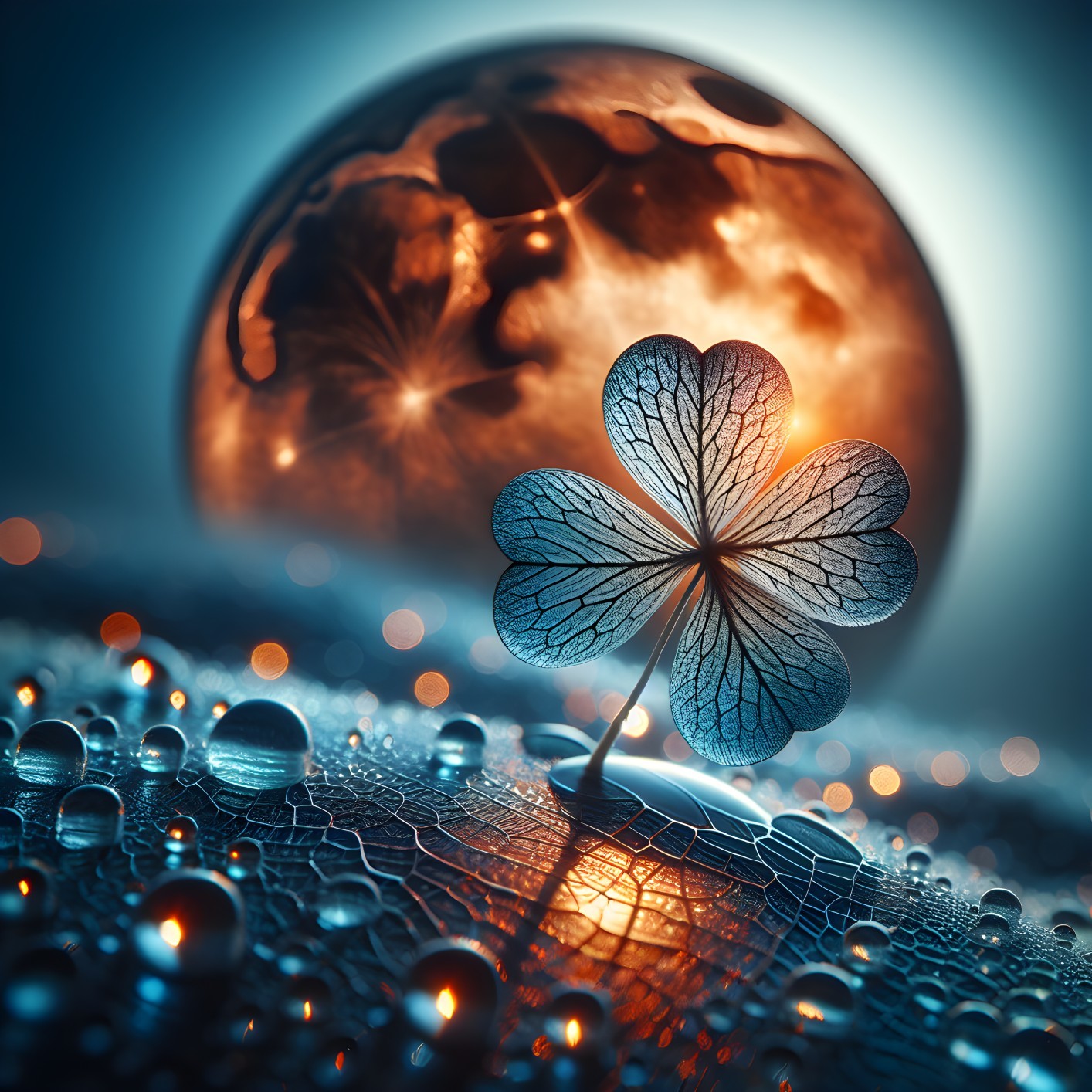Four-Leaf Clover with Moonlit Droplets and Glow
