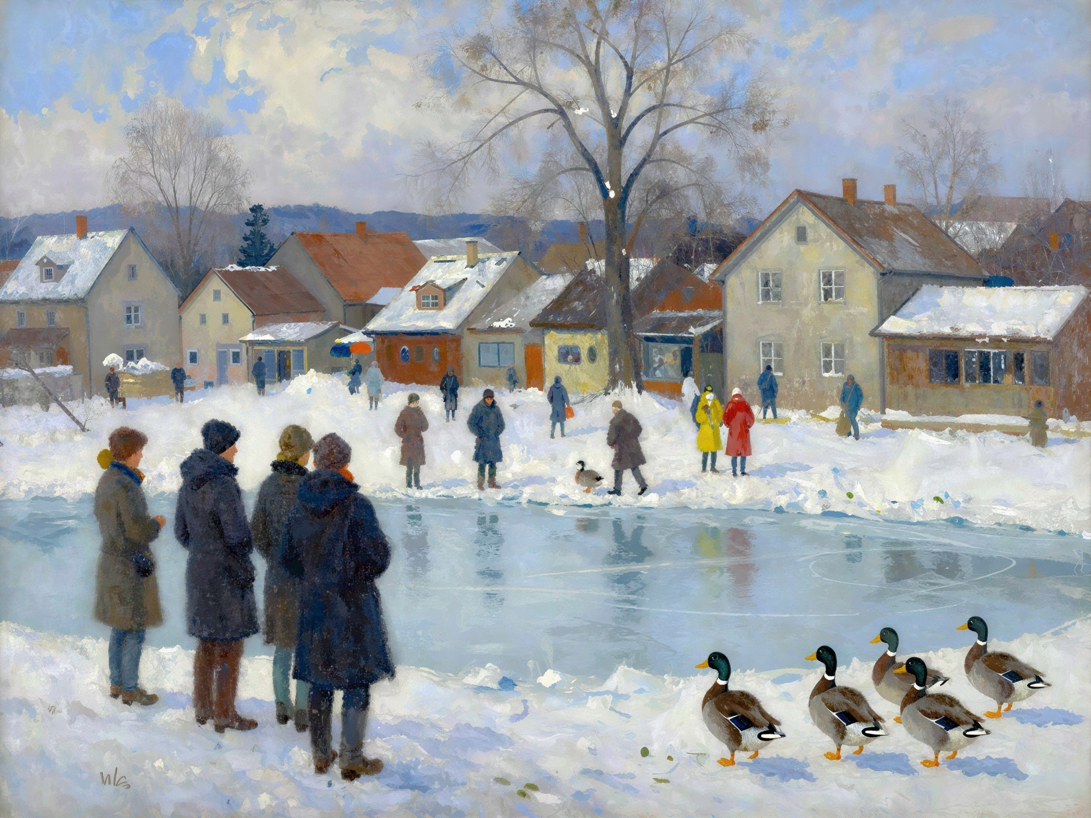 Winter Village Scene with Colorful Houses and People