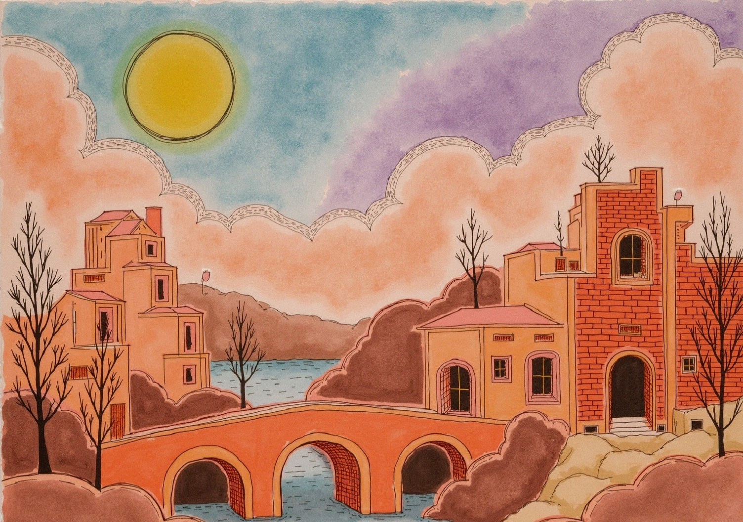 Whimsical Landscape with Colorful Buildings and Bridge