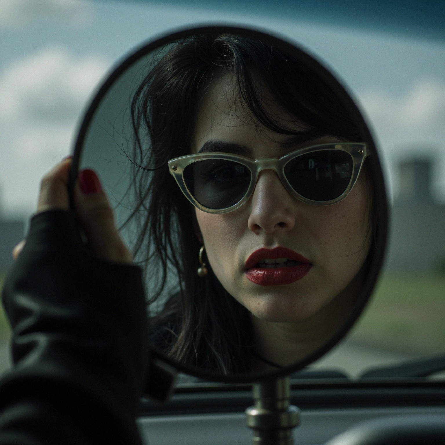 Woman in sunglasses and red lipstick gazes in mirror