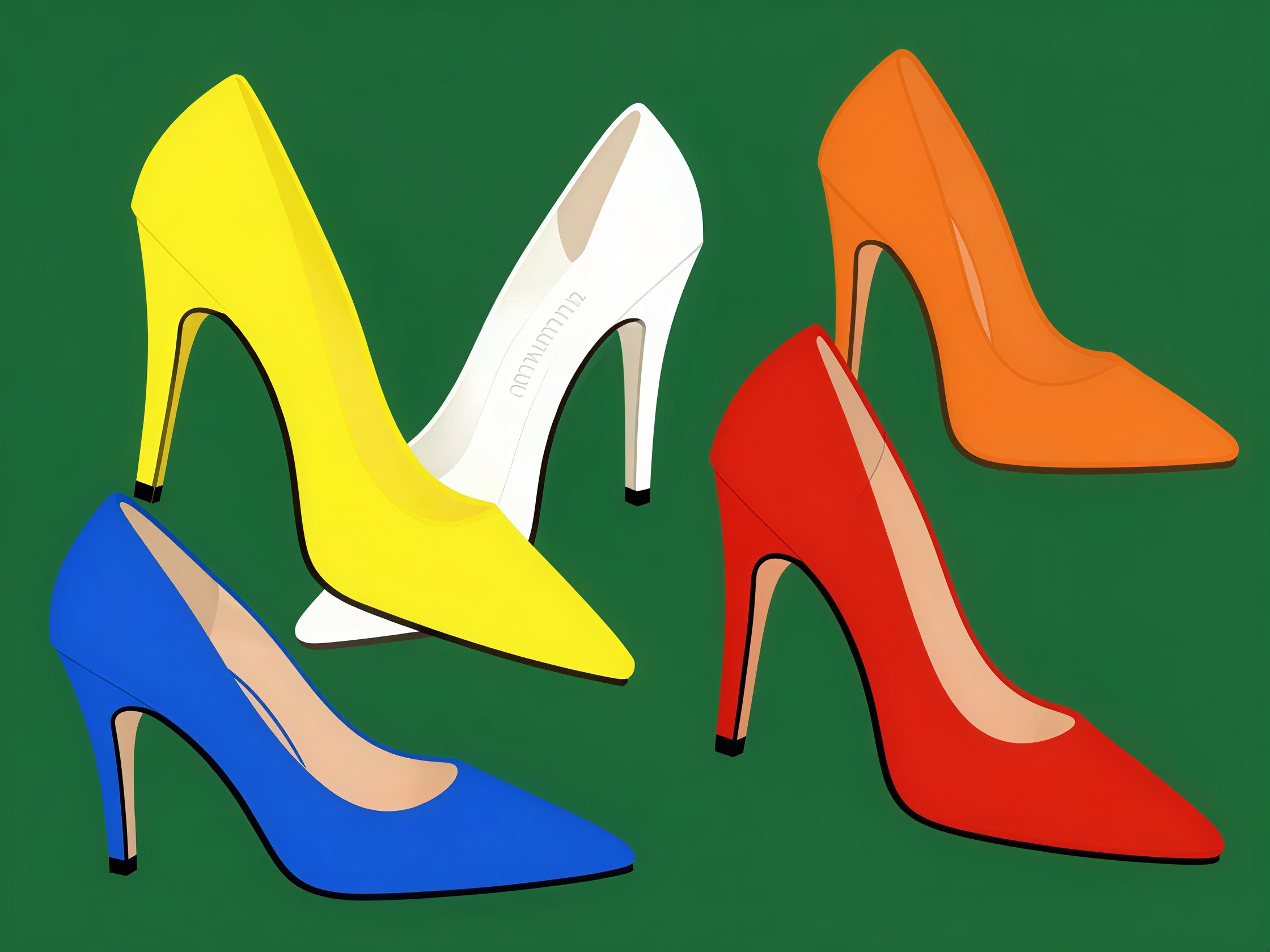 Vibrant High-Heeled Shoes on Dark Green Background