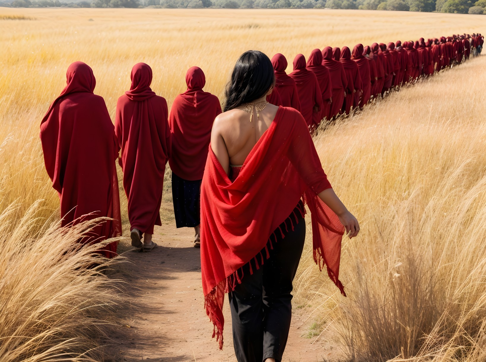 Woman in Red Shawl Amidst Group on Golden Grassland