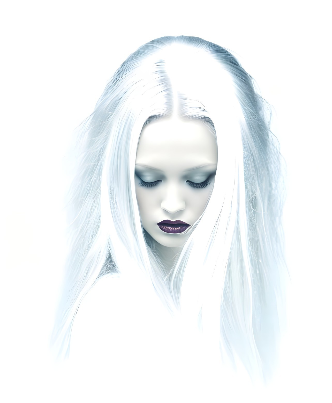 Ethereal figure with pale skin and white hair