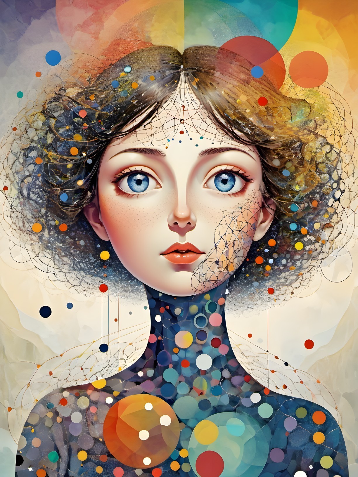 Young woman with blue eyes and abstract geometric art