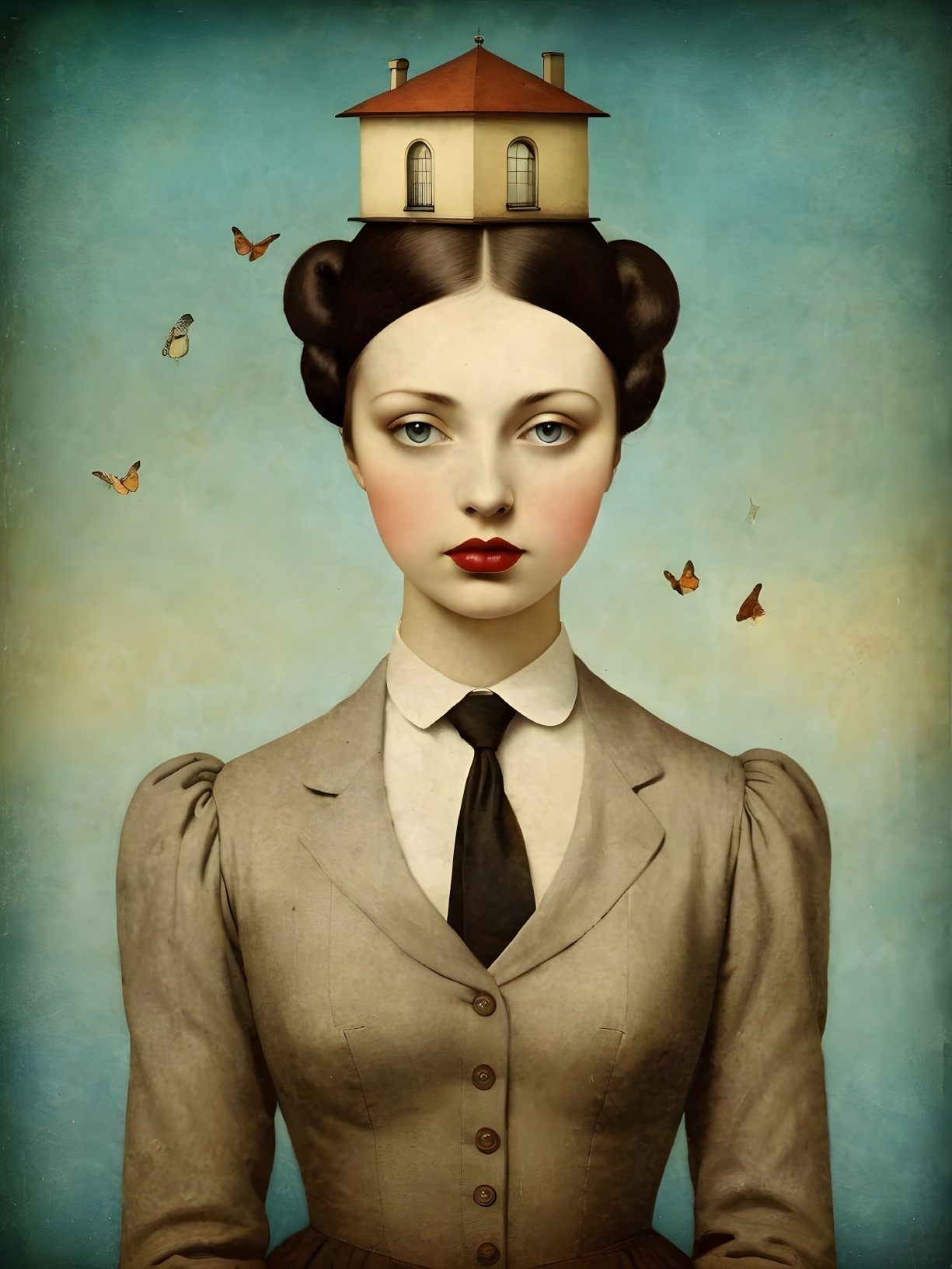 Surreal Portrait of Woman with House on Her Head