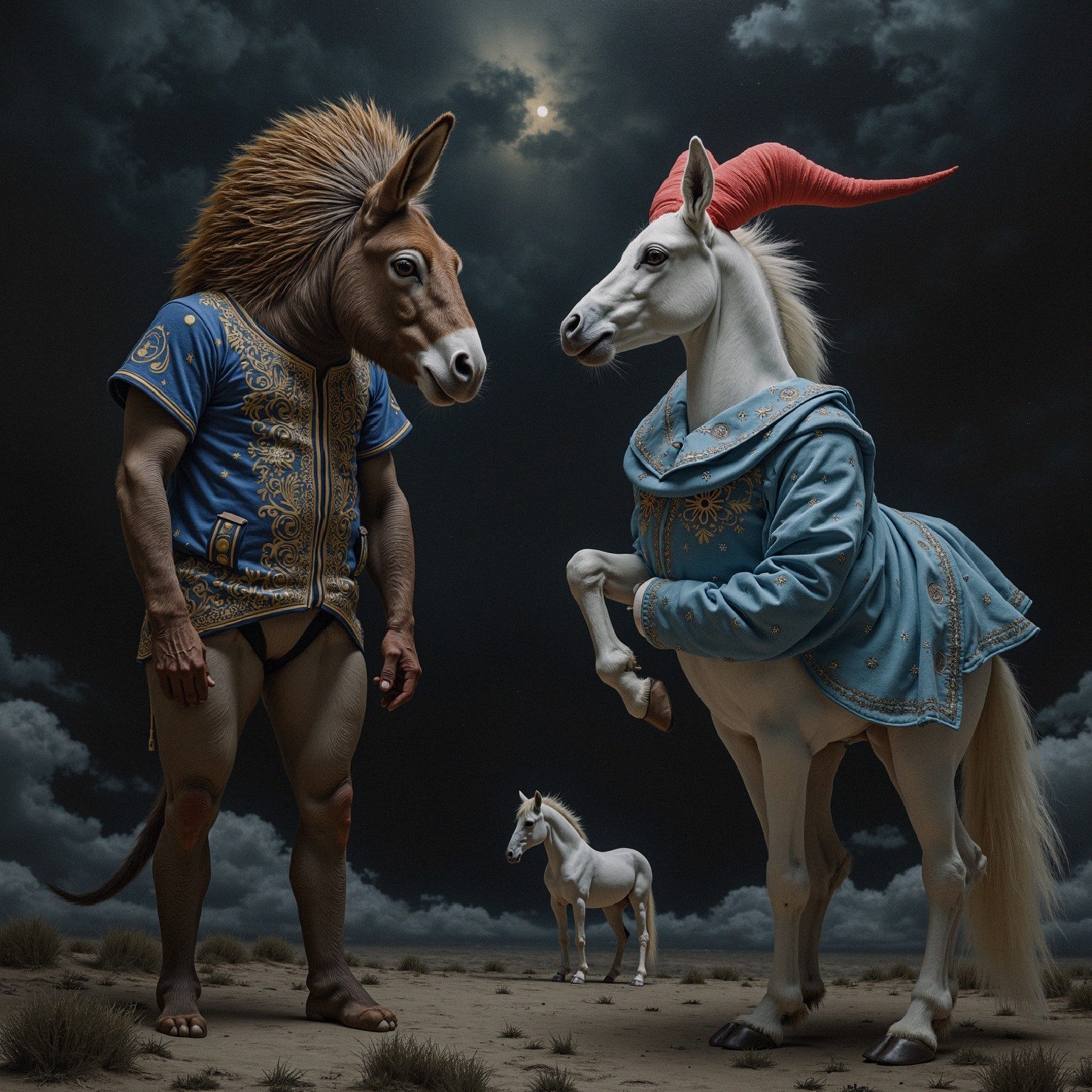 Surreal Scene of Man with Horse Head and Unicorns