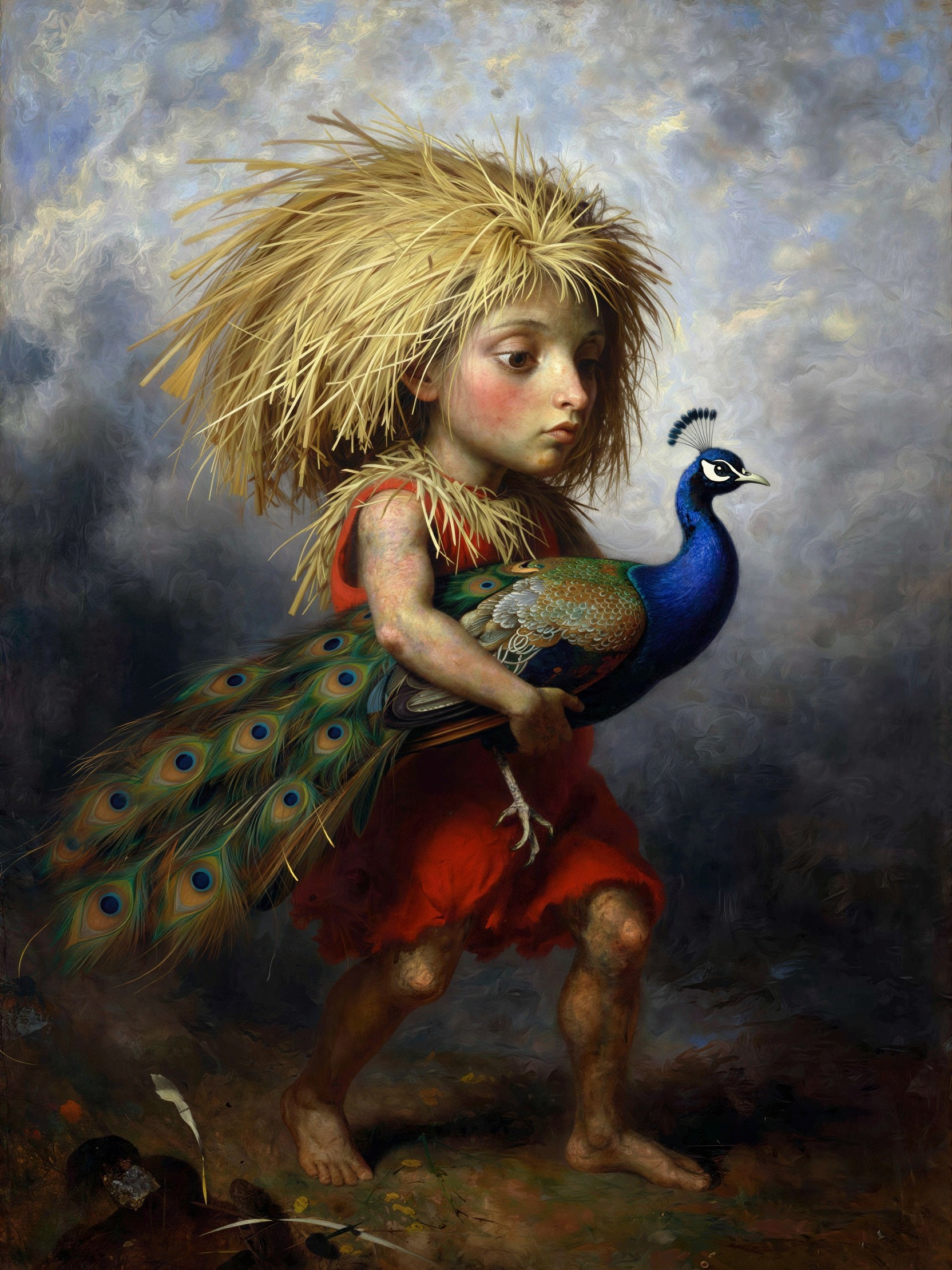Oil Painting of a Child with Peacock and Torn Tunic