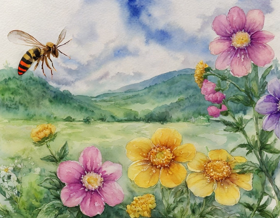 Vibrant Watercolor of Meadow with Flowers and Bee