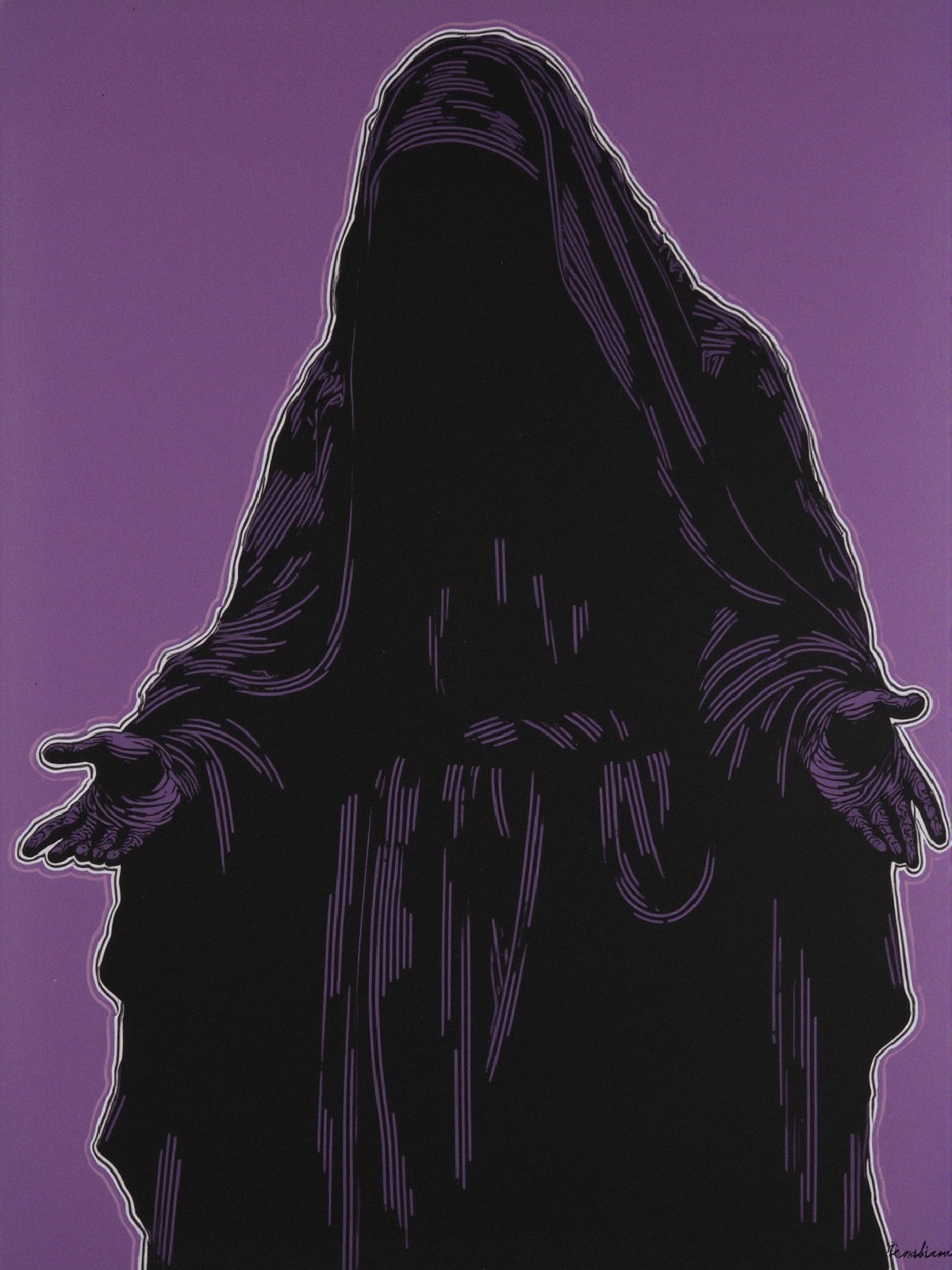 Hooded Figure Silhouette Against Purple Background