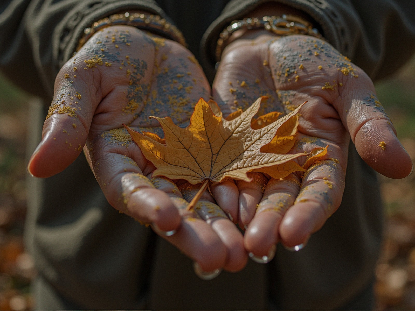 Close-Up of Hands Holding a Vibrant Orange Maple Leaf