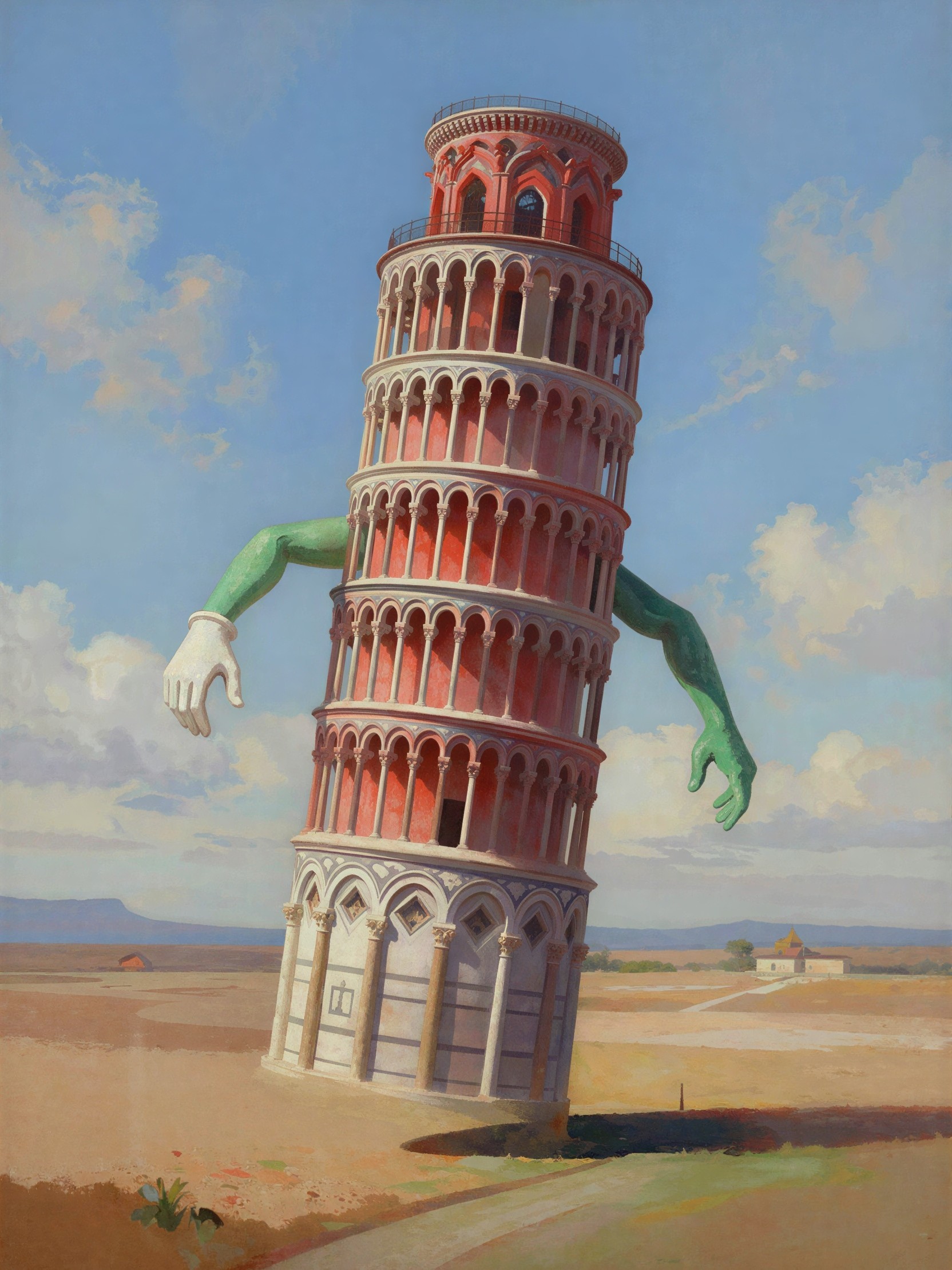 Surrealist depiction of the Leaning Tower of Pisa walking