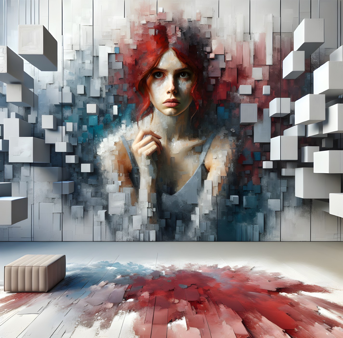 Mural of a Woman with Red Hair and Abstract Background