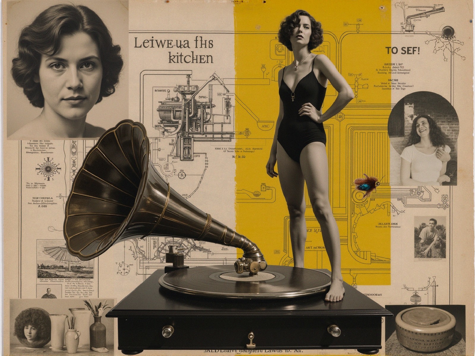 Vintage Gramophone and Stylish Woman Collage Art