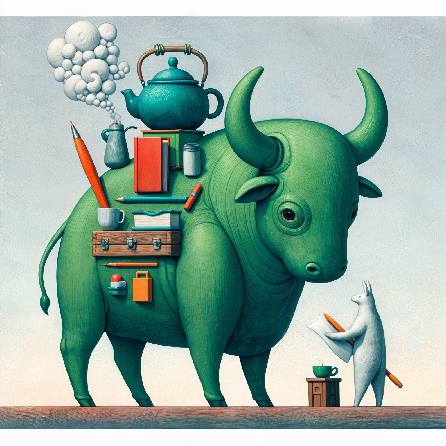 Vibrant Green Bull Surrounded by Whimsical Objects