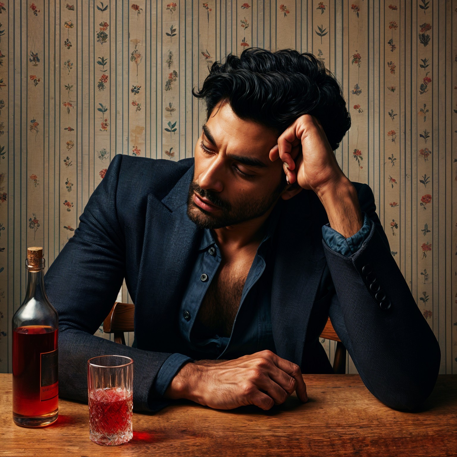Sophisticated Man at Table with Whiskey and Vintage Decor