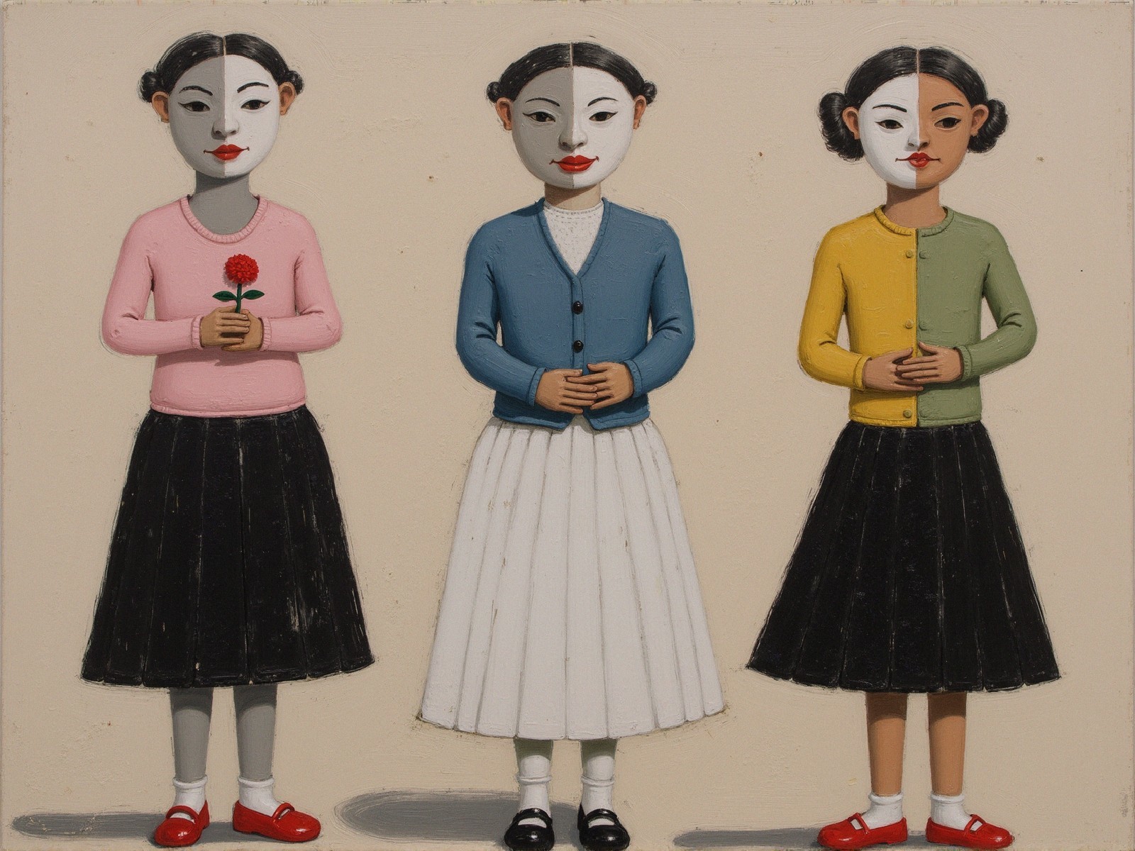 Three Stylized Girls in Colorful Outfits Together