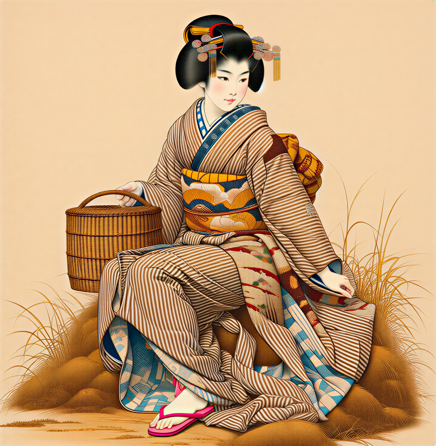Young Woman in Traditional Japanese Kimono with Basket
