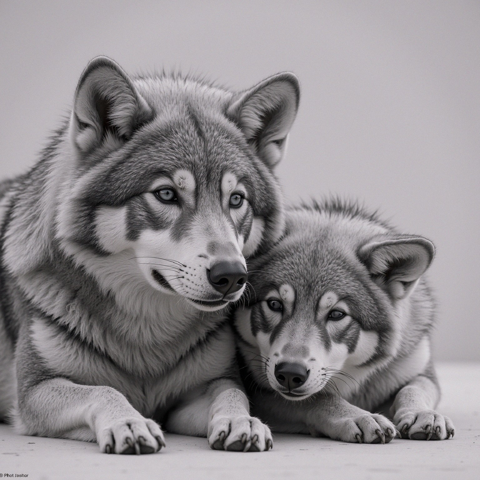 Close-up of Adult and Juvenile Wolves in Black and White