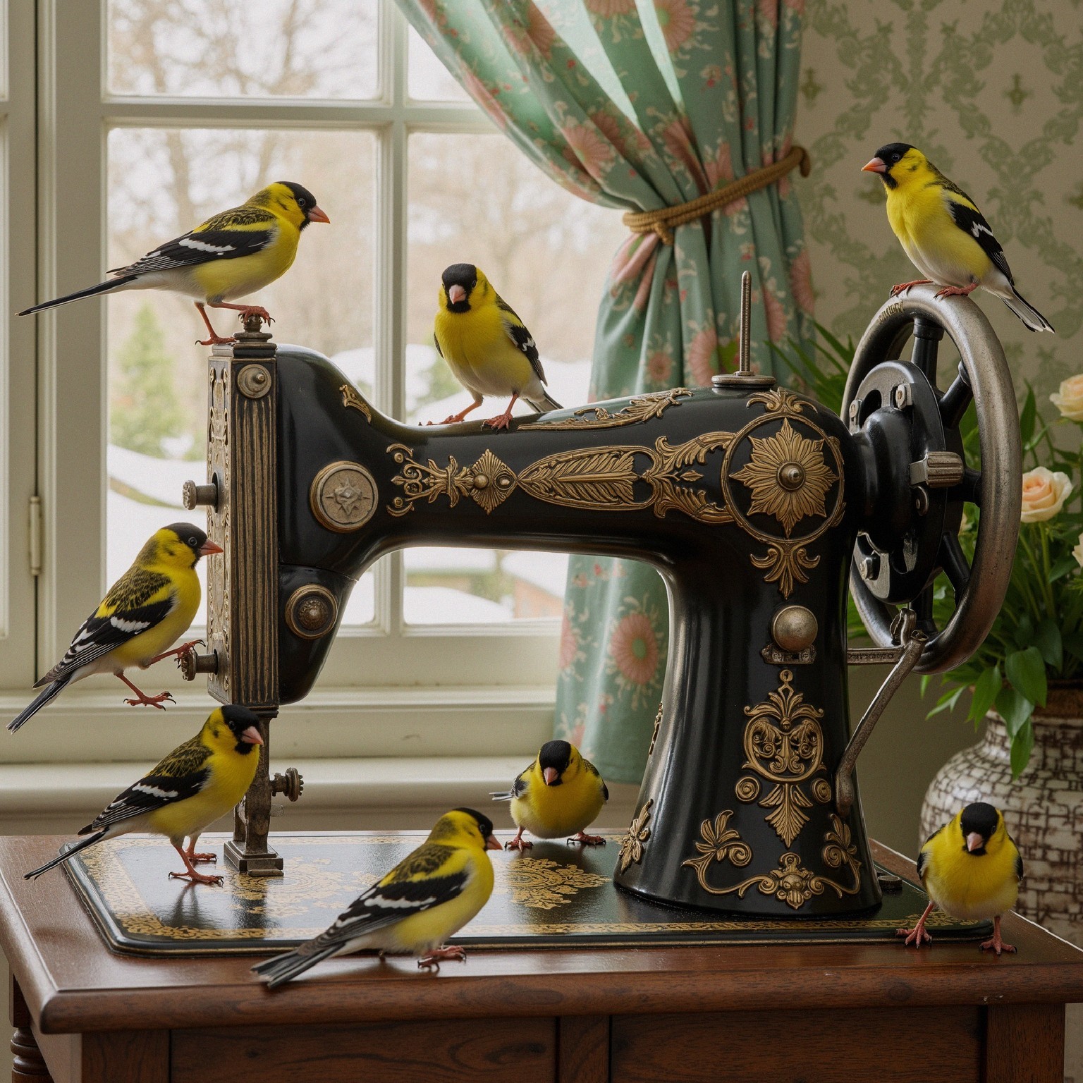 Vintage sewing machine with birds in cozy room setting