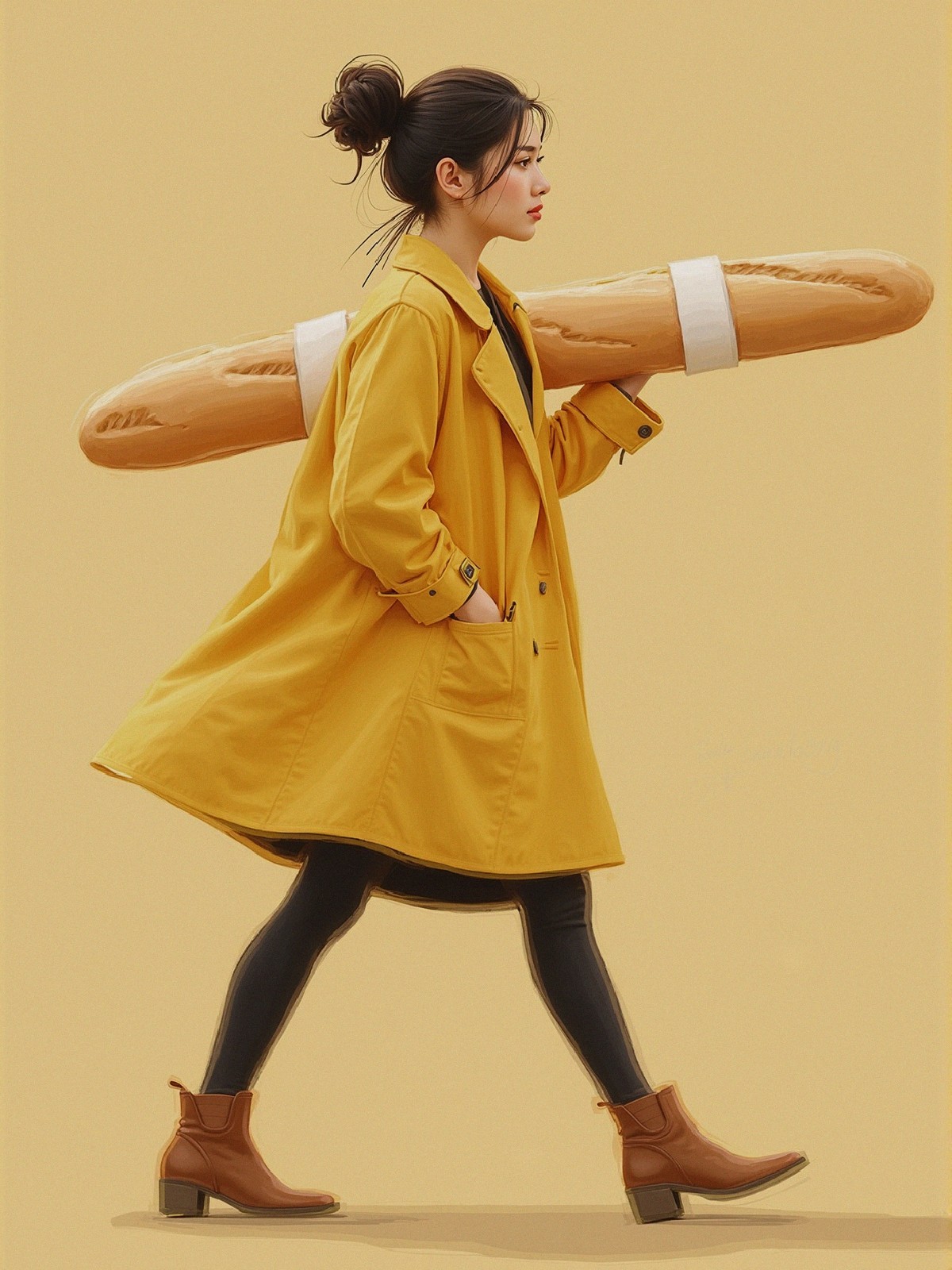 Young woman in yellow coat with baguette and boots