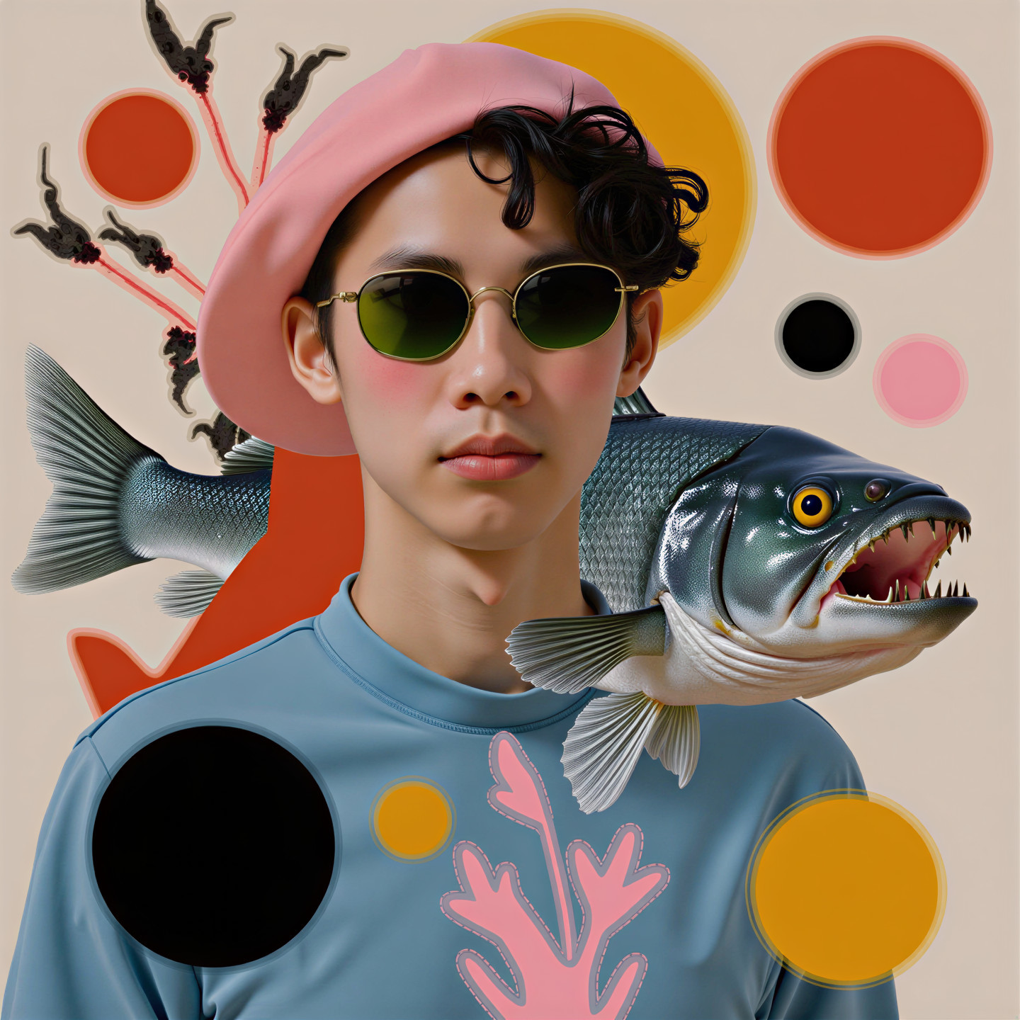 Young person in pink beret with abstract colorful elements