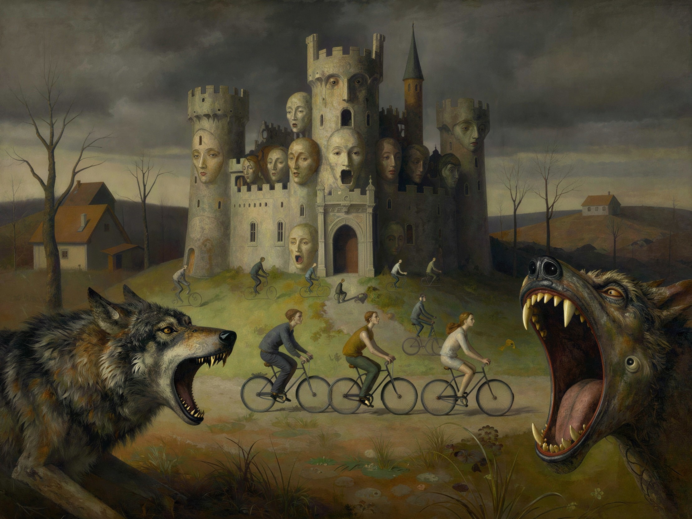 Surreal Painting of Castle with Human Faces and Wolves