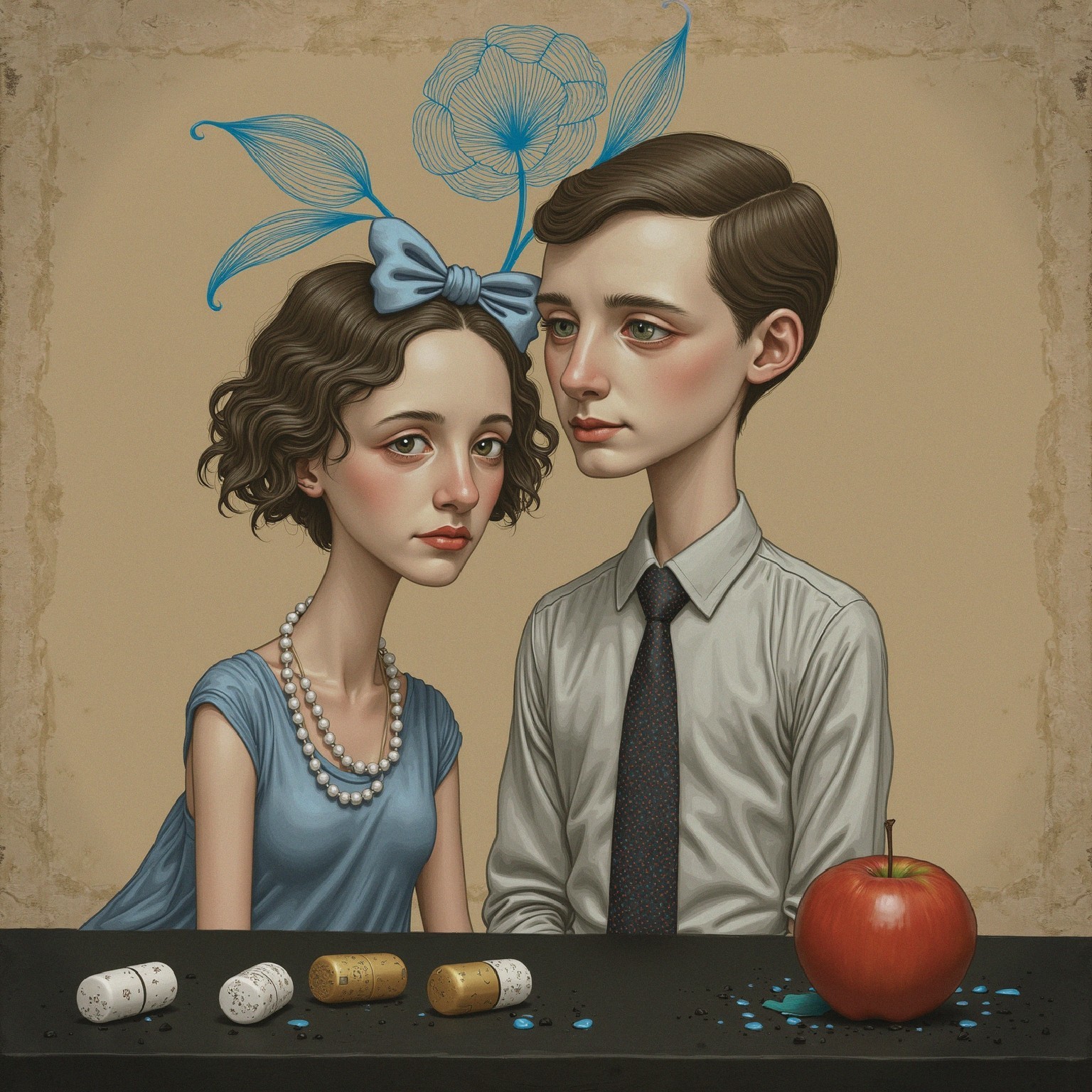 Stylized Figures with Serene Expressions and Dreamlike Elements