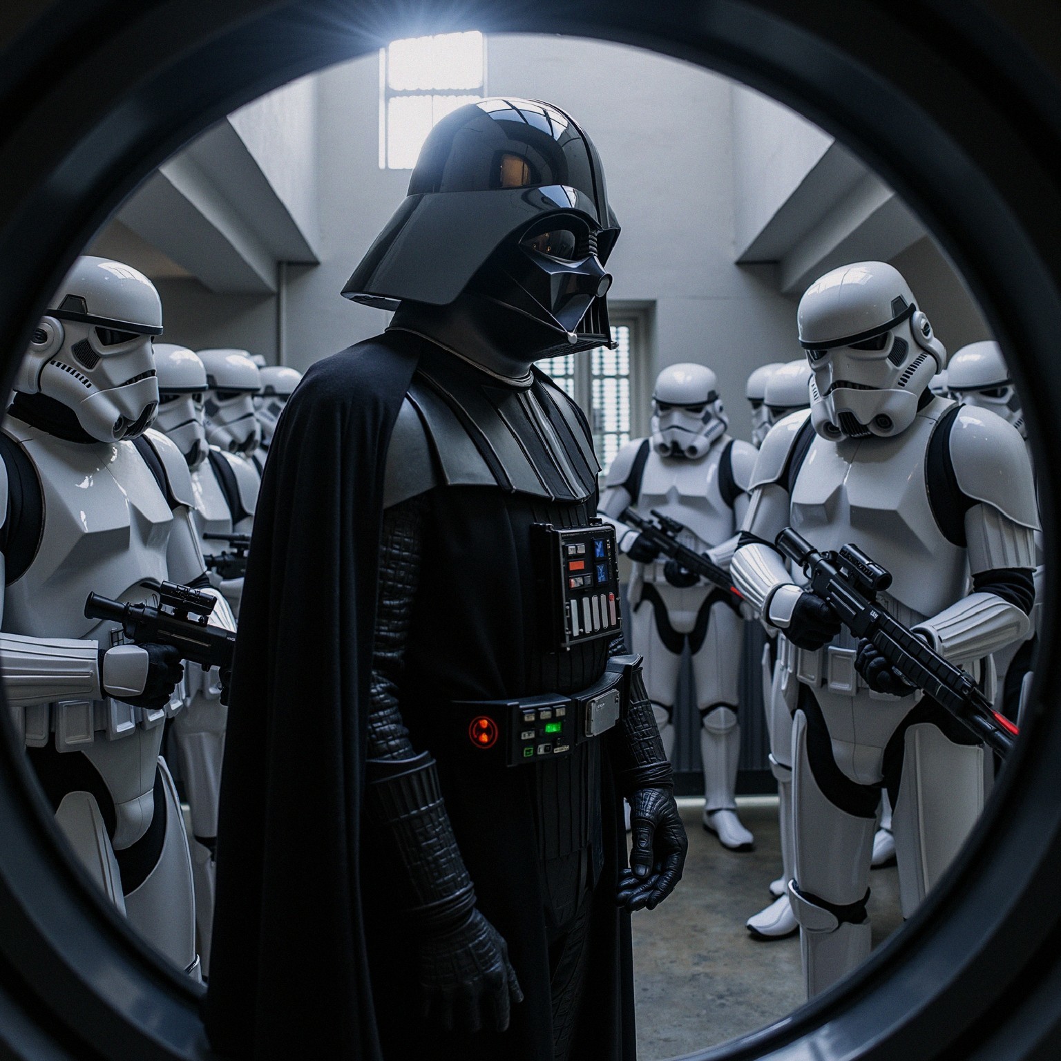 Dark Lord Surrounded by Stormtroopers in Tense Scene