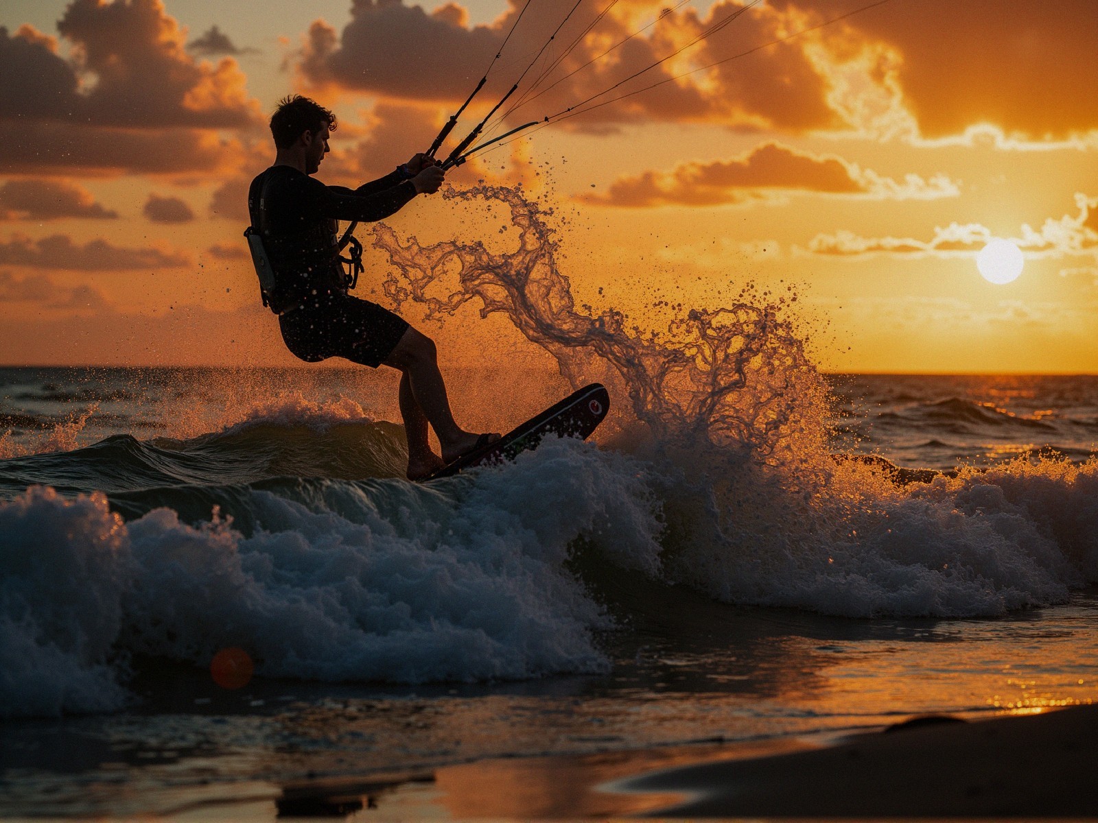 Kitesurfer Silhouette Against Sunset Over Waves