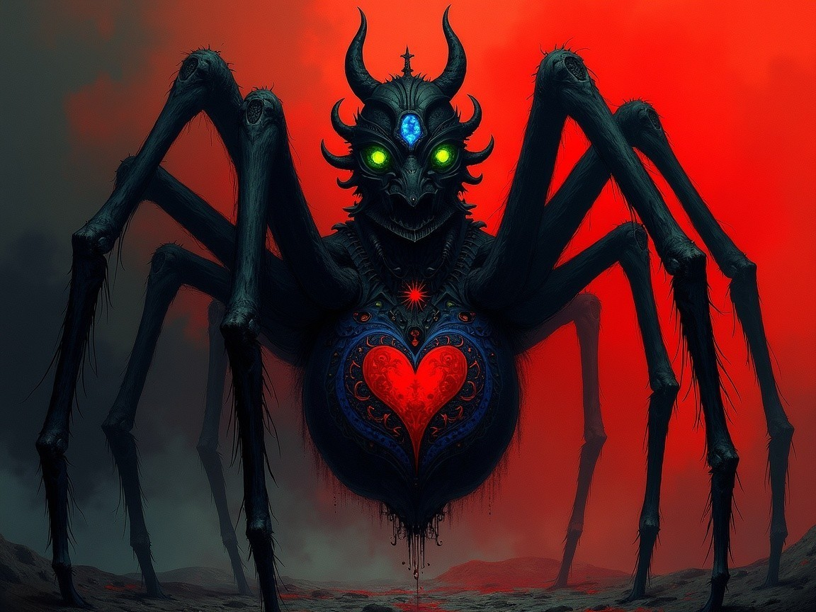 Menacing Spider with Glowing Eyes on Fiery Background