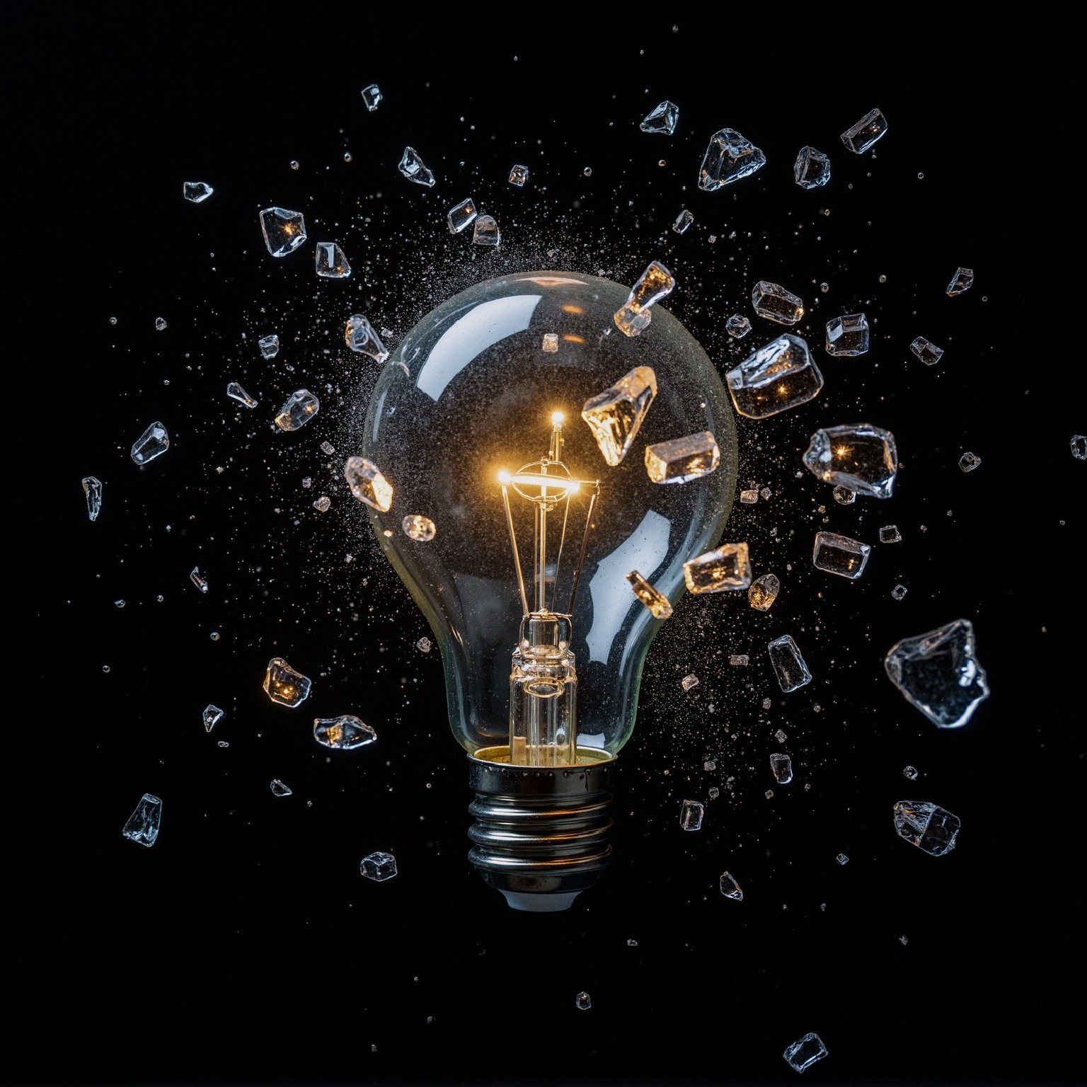Bursting Light Bulb with Shattered Glass Fragments