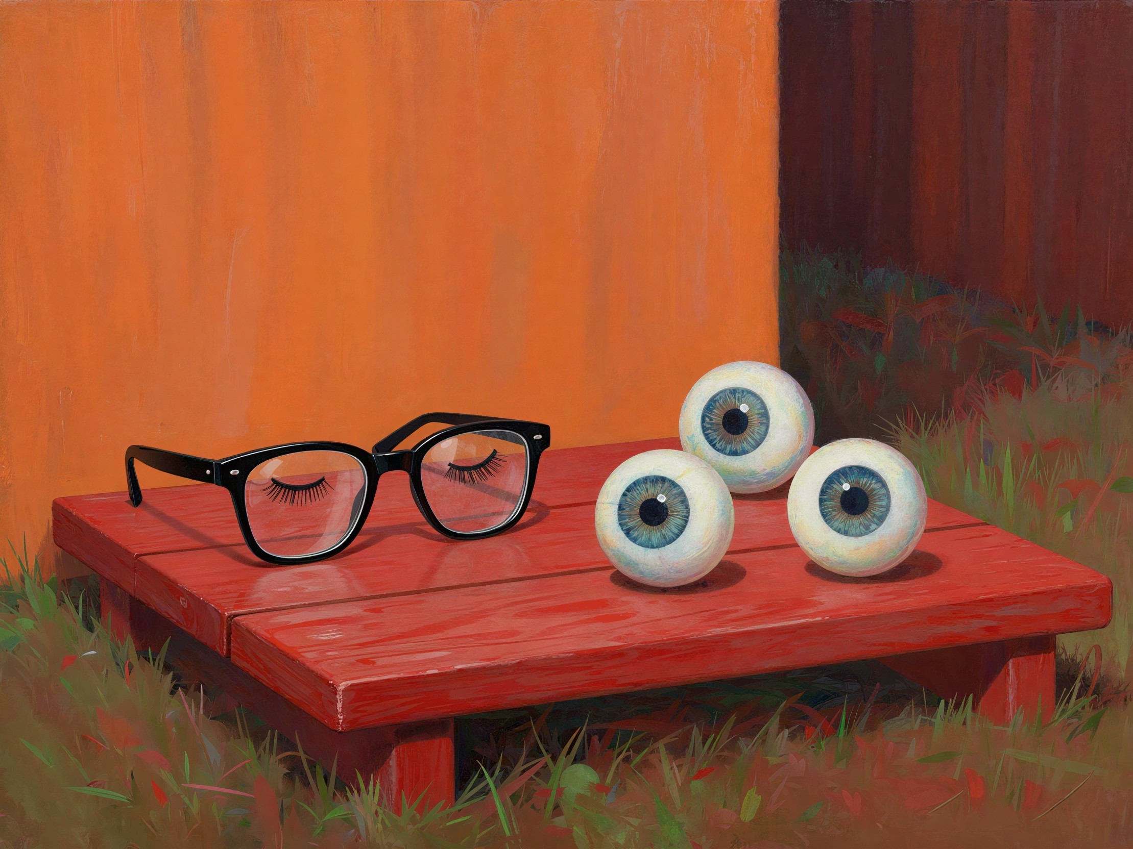 Surreal still life with glasses and disembodied eyeballs